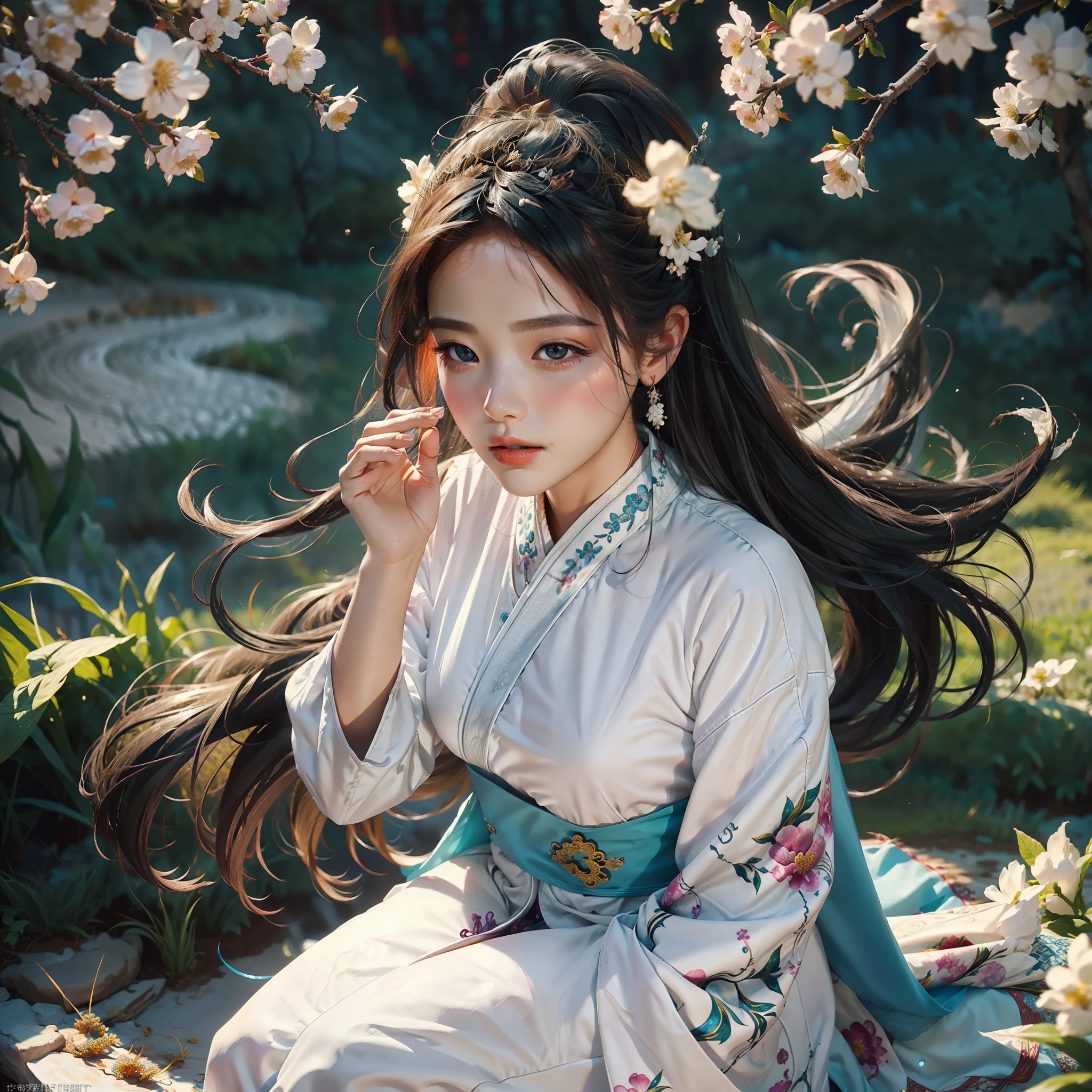 zhongfenghua, 1girl, (full body) solo, hanfu, flower field, blossom, (white smokes:1.3) (photorealistic:1.4), zentangle, mandala, entangle, official art, unity 8k wallpaper, ultra detailed, beautiful and aesthetic, masterpiece,best quality, (dynamic angle:1.4), glowing skin, (floating colorful sparkles:1) the most beautiful form of chaos, elegant, a brutalist designed, vivid colours, romanticism depth of field,