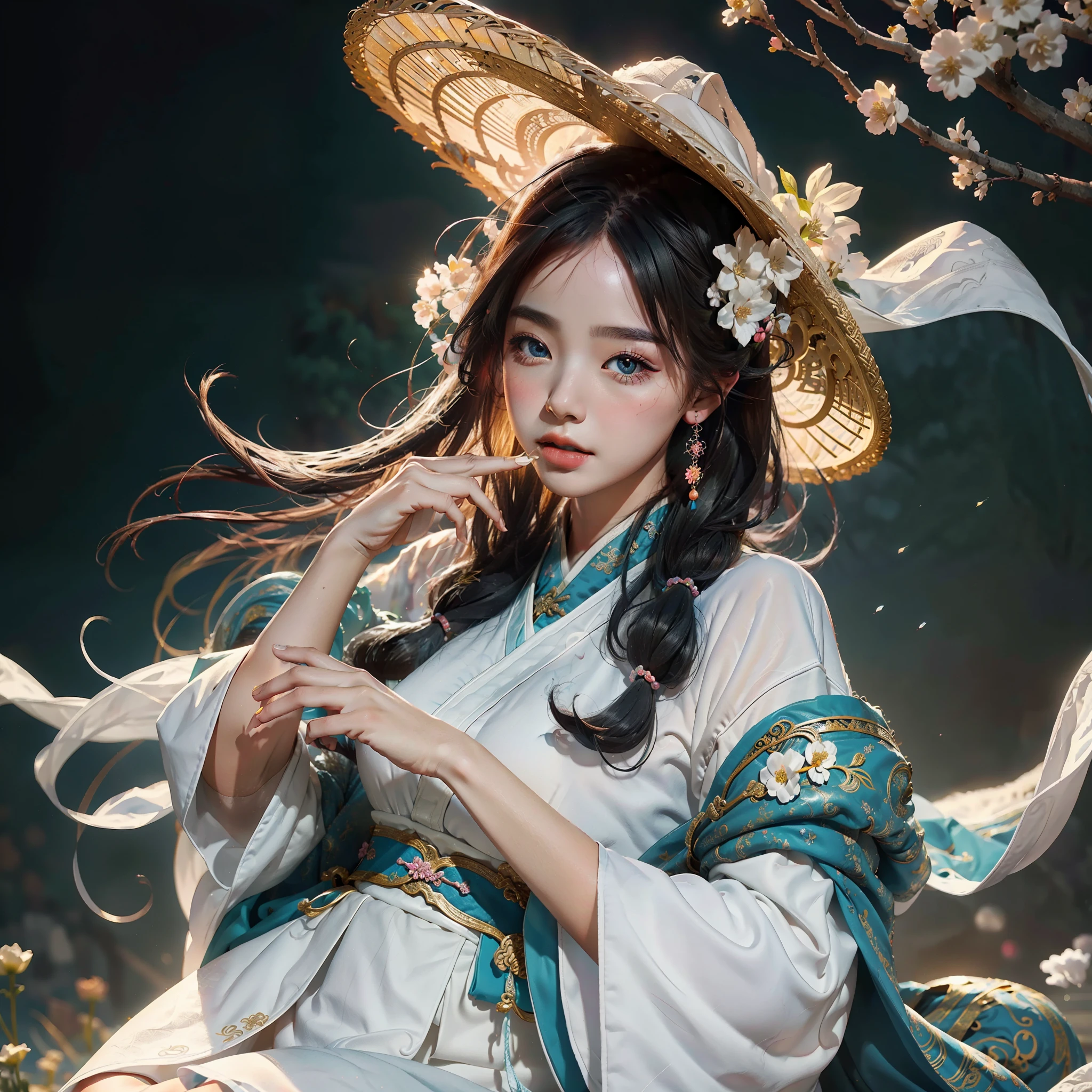 zhongfenghua, 1girl, (full body) solo, hanfu, flower field, blossom, (white smokes:1.3) (photorealistic:1.4), zentangle, mandala, entangle, official art, unity 8k wallpaper, ultra detailed, beautiful and aesthetic, masterpiece,best quality, (dynamic angle:1.4), glowing skin, (floating colorful sparkles:1) the most beautiful form of chaos, elegant, a brutalist designed, vivid colours, romanticism depth of field,