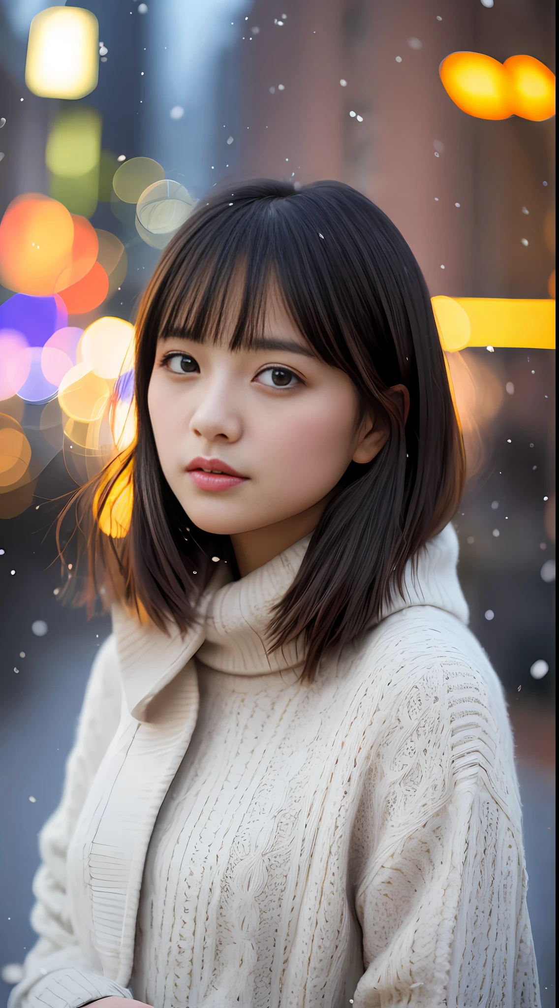 Stunning close-up portrait of a young and beautiful woman with RAW, analog style and impressive features. She should have long, flowing hair, a seductive gaze, and an attractive look. The background is neutral and simple, allowing the woman to be the focal point of the image. Pay attention to details, such as highlights and shadows on her face and hair, to create realistic and realistic images. Experiment with different lighting techniques to enhance the mood and atmosphere of your portrait. The final product should be a masterpiece that captures the essence and beauty of a woman ((very detailed skin, skin details)), Sharp Focus, Volumetric Fog, 8K, UHD, DSLR, High Quality, Film Grain, Fujifilm XT3, Long Sleeve Dress, Wool Dress, Dark Blue Floret Dress, Wearing a Woolen Coat, Short-Cut Hair, Tousled Hair, wind, antique street corner, north wind, dead leaves, fallen leaves, fallen leaves fluttering in the wind, cold, cold, street corner crowded with Christmas decorations, girl looking lonely alone, lights, orange city lights, warm lights, Christmas lights, blurred lights, sad expression, tears in the eyes, a ray of tears, snow scattering, Tokyo Tower