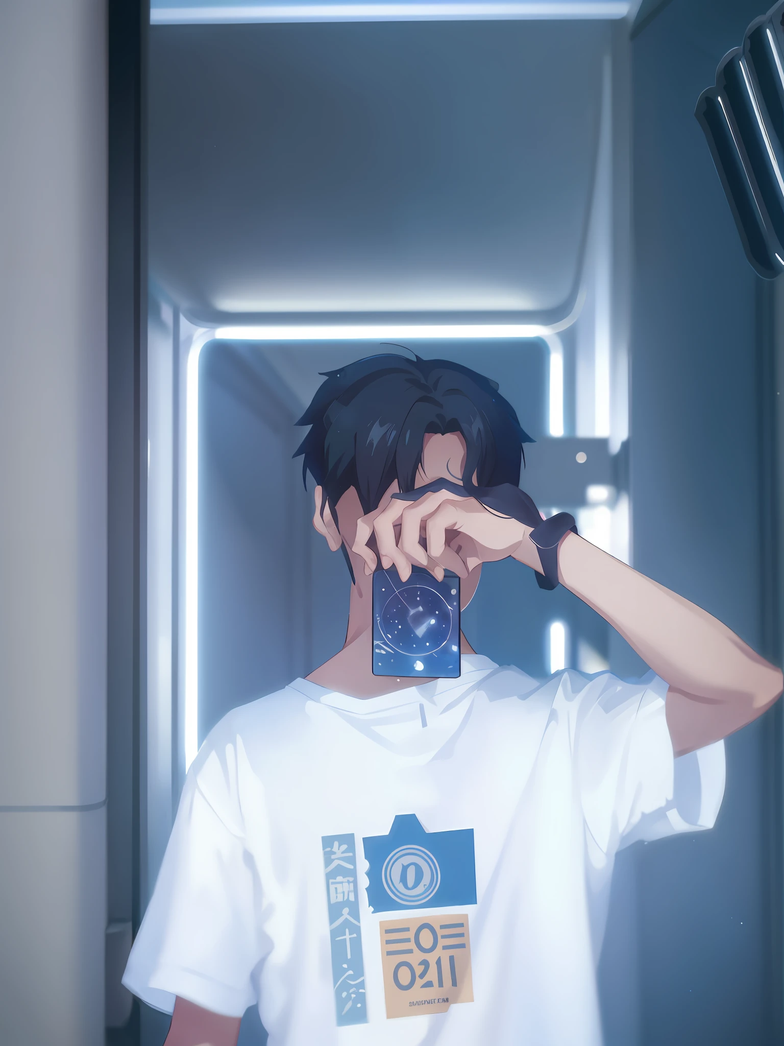 Anime boy with a white shirt and black hair holding a cell phone - SeaArt AI