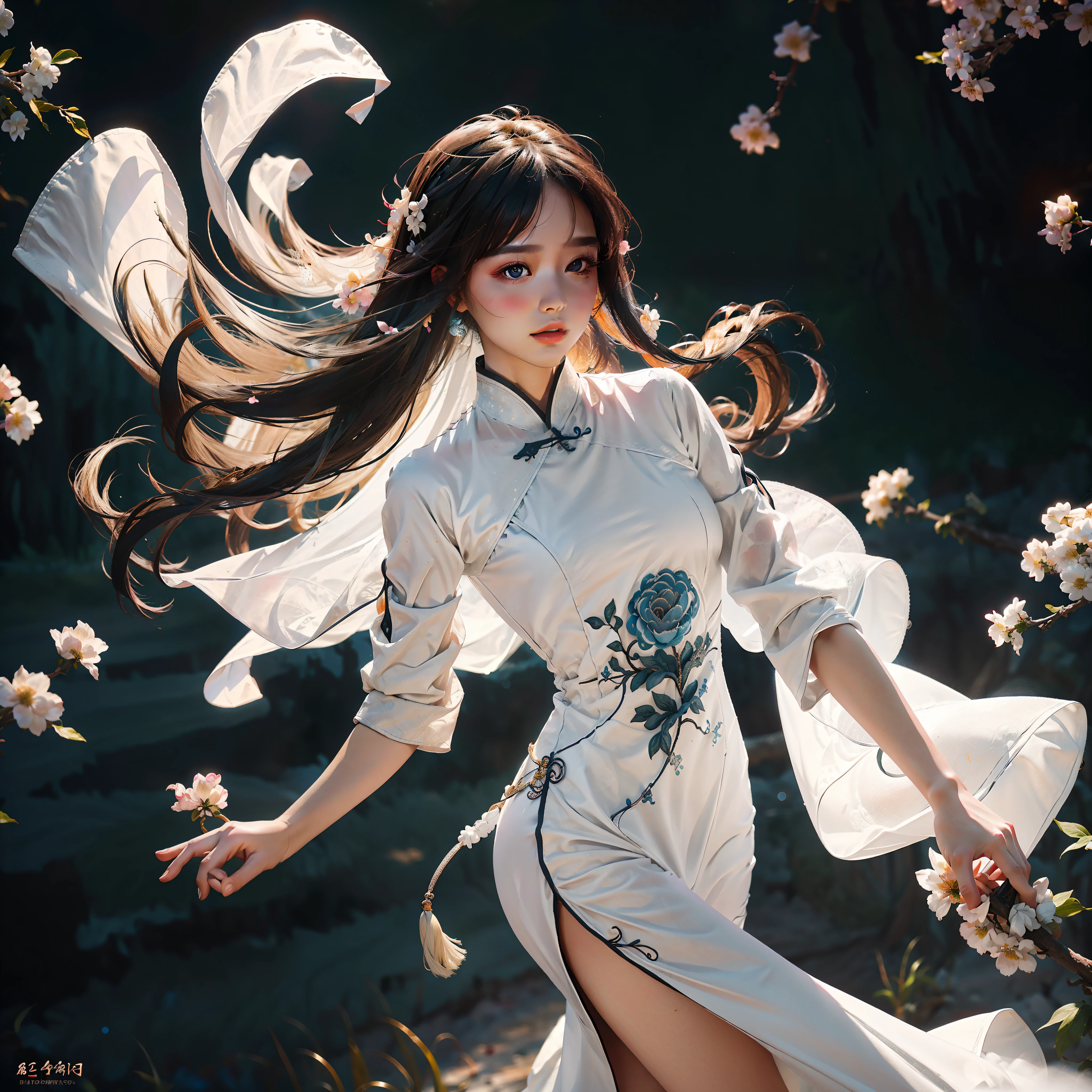 zhongfenghua, 1girl, (full body) solo, hanfu, flower field, blossom, (white smokes:1.3) (photorealistic:1.4), zentangle, mandala, entangle, official art, unity 8k wallpaper, ultra detailed, beautiful and aesthetic, masterpiece,best quality, (dynamic angle:1.4), glowing skin, (floating colorful sparkles:1) the most beautiful form of chaos, elegant, a brutalist designed, vivid colours, romanticism depth of field,