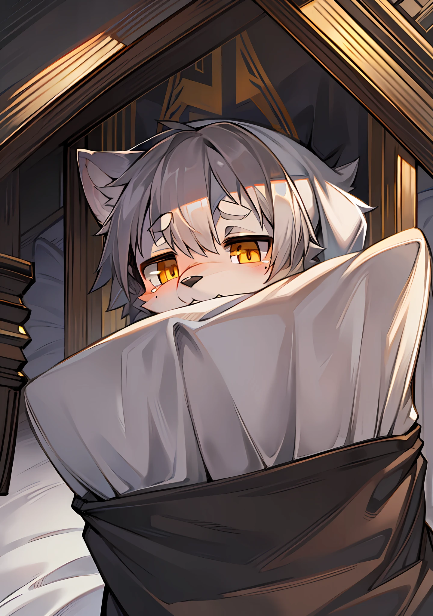 Anime character with cat ears hiding in a bed with a blanket - SeaArt AI