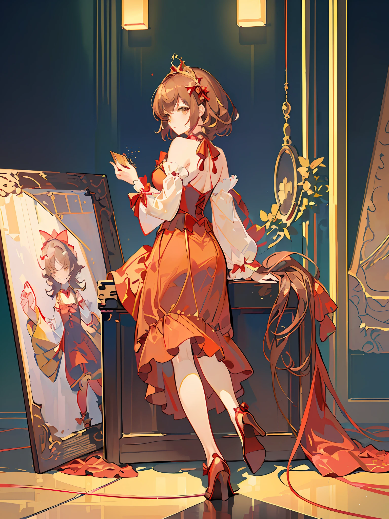 (((masterpiece))), (((best quality))), ((ultra-detailed)), (highly detailed CG illustration), ((an extremely delicate and beautiful)),(detailed,anime girl with  big red bow on head talking on a golden telephone, brown curly hair,short hair, put on red dress,basic backgroud,yellow background