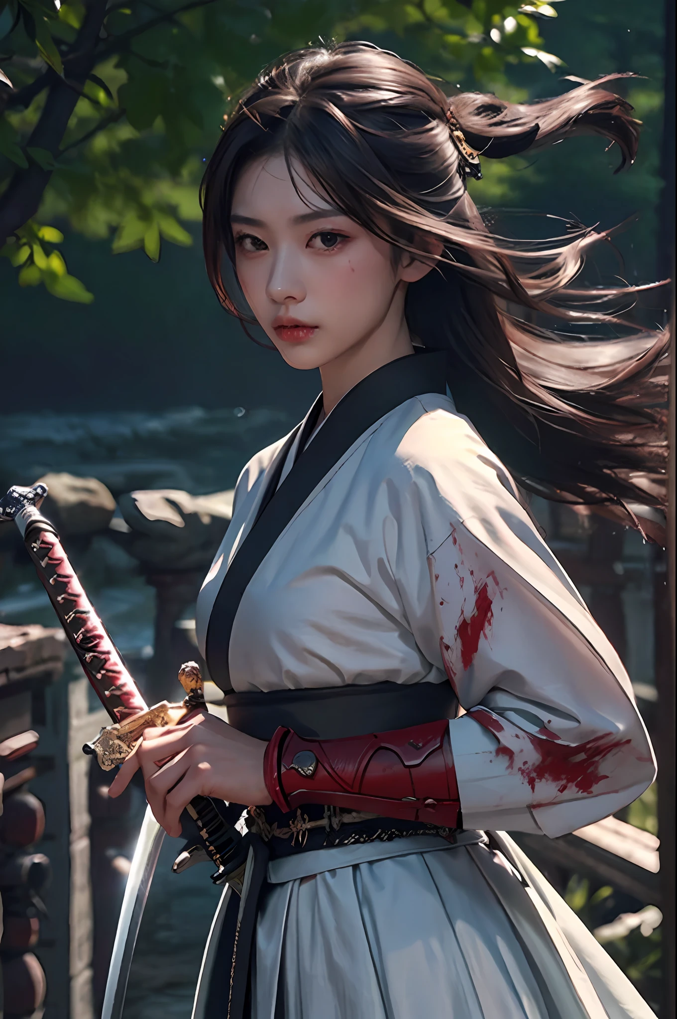 RAW Photo, 4k, Realistic, Delicate and Meticulous Skin), Masterpiece, Best Quality, Official Art, Unity 8k Wallpaper, Ultra Detailed, (Dark Scene, Low Key, Soft Light), Cinematic Look, High Saturation, Best Anatomy, Volume Mist, Samurai Girl, Slim Body, Full Body, 1 Girl, Weapon, Sword, Long Hair, Brunet, Hold, Solo, Hold Weapon, Blood, Sword Grip, Armguard, Simple Background, Blood on Weapon, Looking at the Audience, Black Eyes, Cloth, Floating Hair, Hanfu, Dragon