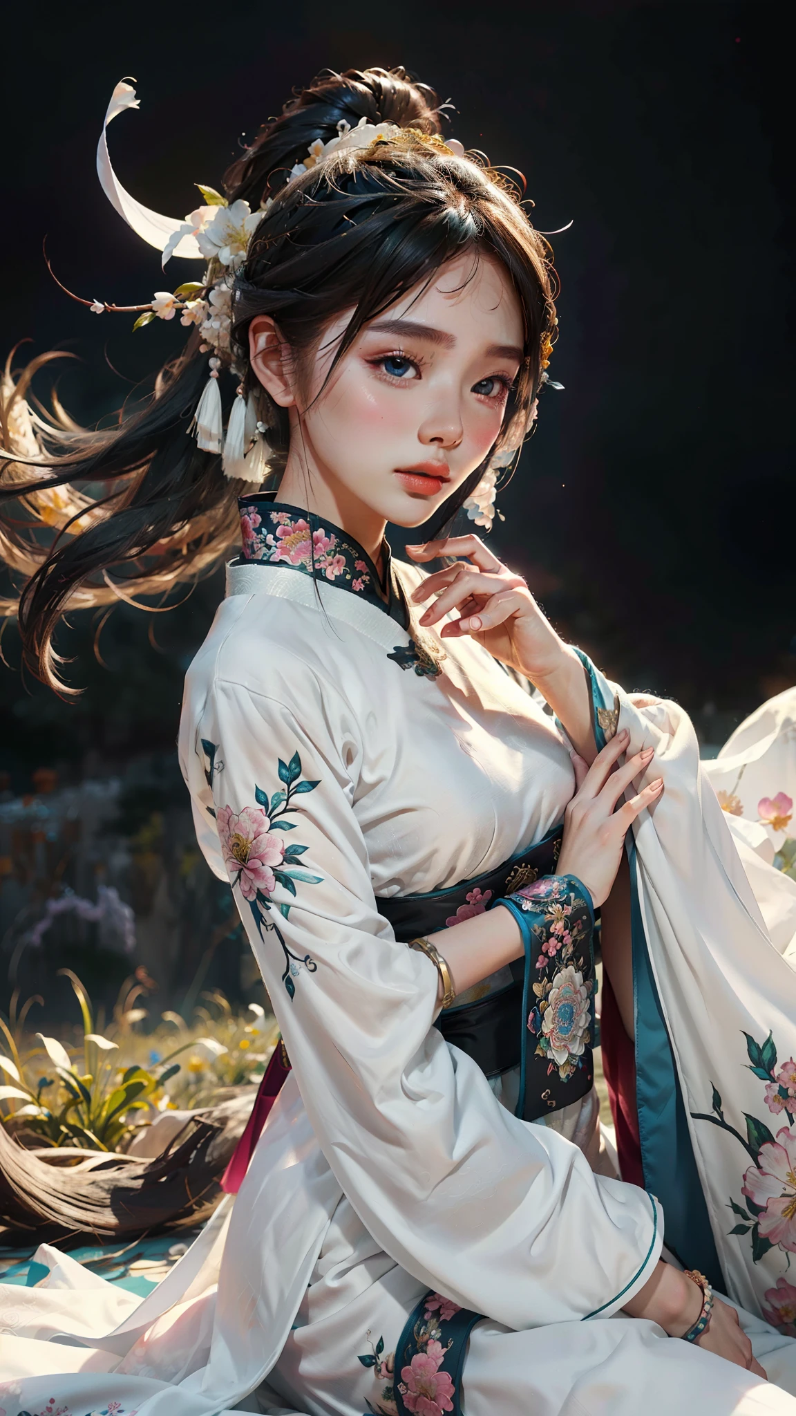 zhongfenghua, 1 chica, (cuerpo completo) solo, hanfu, campo de flores, florecer, (humo blanco:1.3) (Fotorrealista:1.4), zEnredar, mandala, Enredar, arte oficial, fondo de pantalla de unidad 8k, ultra detallado, hermoso y estetico, obra maestra,mejor calidad, (ángulo dinámico:1.4), piel brillante, (destellos de colores flotantes:1) La forma más bella de caos., elegant, un brutalista diseñado, colores vivos, Romanticismo Profundidad de campo,