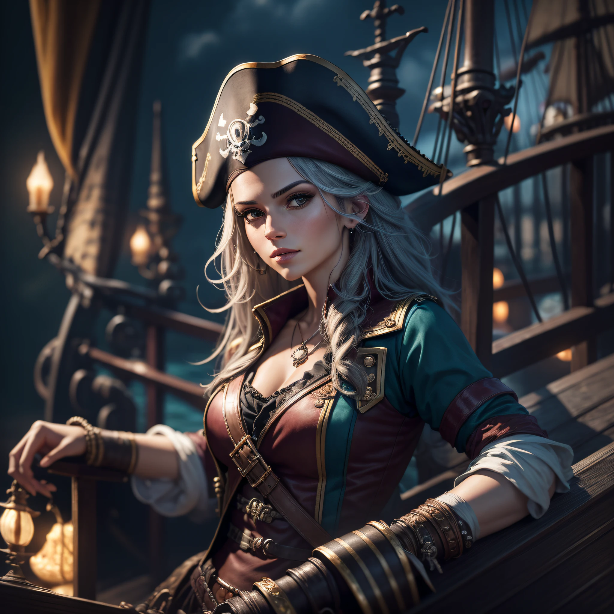 "Híper realista, mejor calidad, ultra detallado, Fondo de pantalla CG unidad 8K, retrato de una hermosa, Capitana Pirata, en su barco pirata, acompañada por su tripulación de piratas." --auto --s2