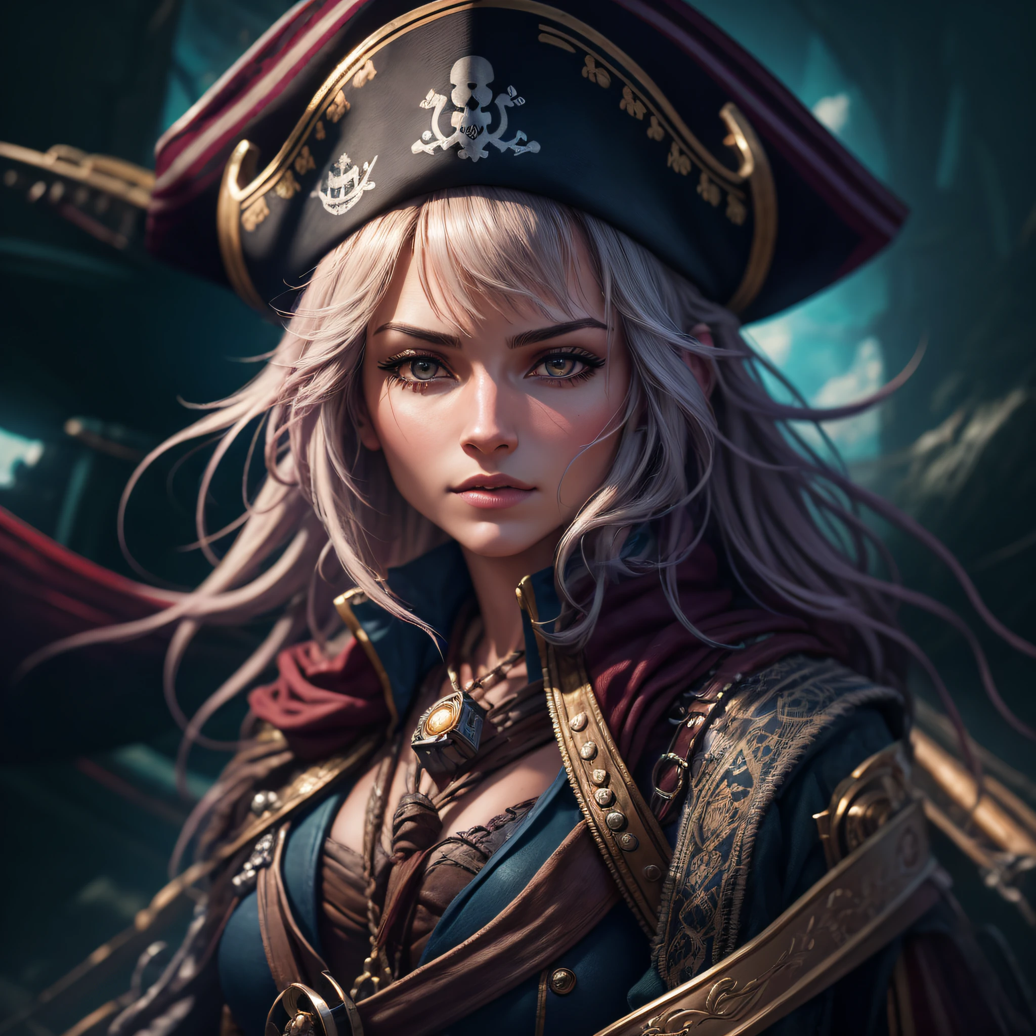 "Hyper réaliste, meilleure qualité, Ultra-détaillé, Cg unité 8k fond d&#39;écran, portrait d&#39;une belle, Femme capitaine pirate, sur son bateau pirate, accompagnée de son équipage de femmes pirates." --auto --s2