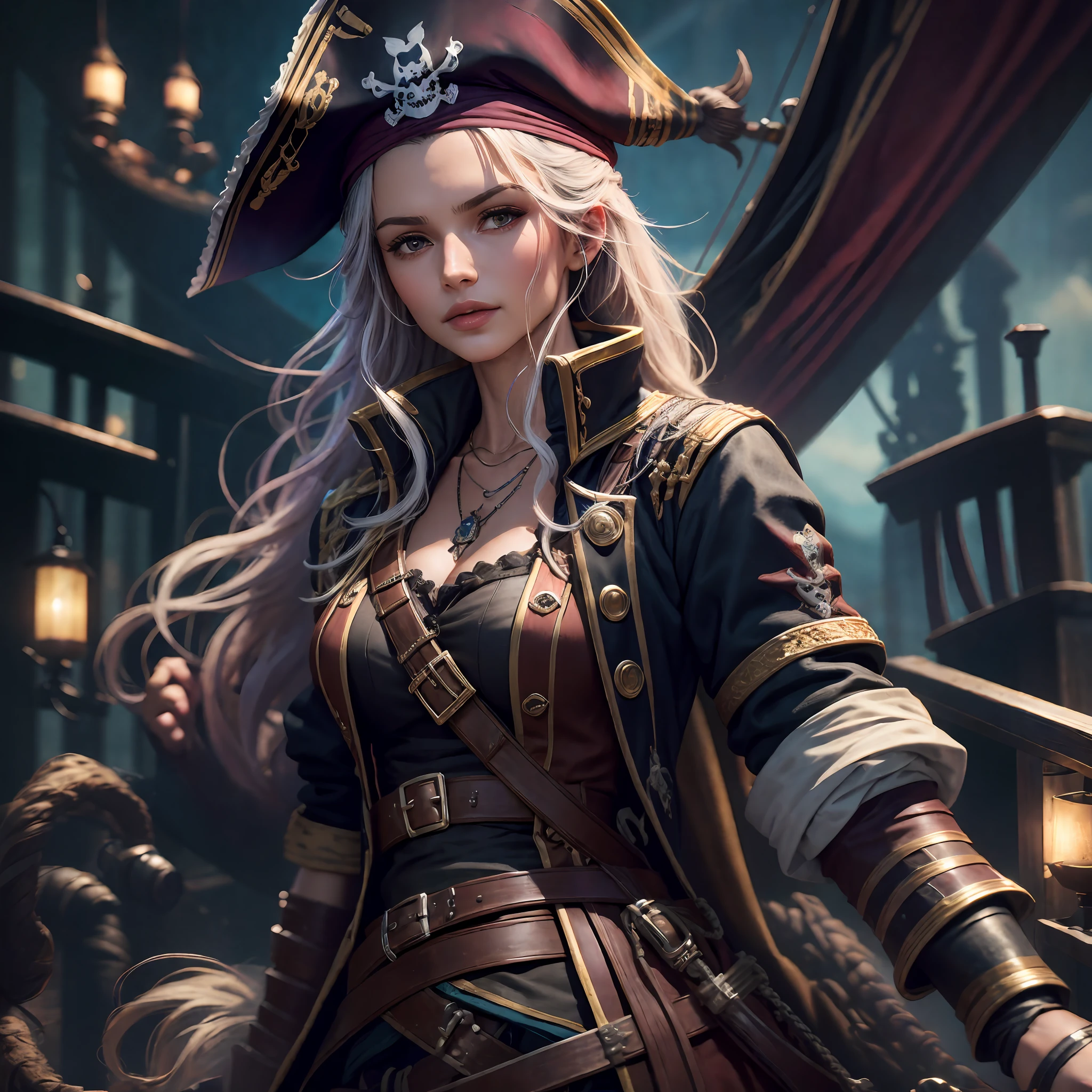 "Híper realista, mejor calidad, ultra detallado, Fondo de pantalla CG unidad 8K, retrato de una hermosa, Capitana Pirata, en su barco pirata, acompañada por su tripulación de piratas." --auto --s2