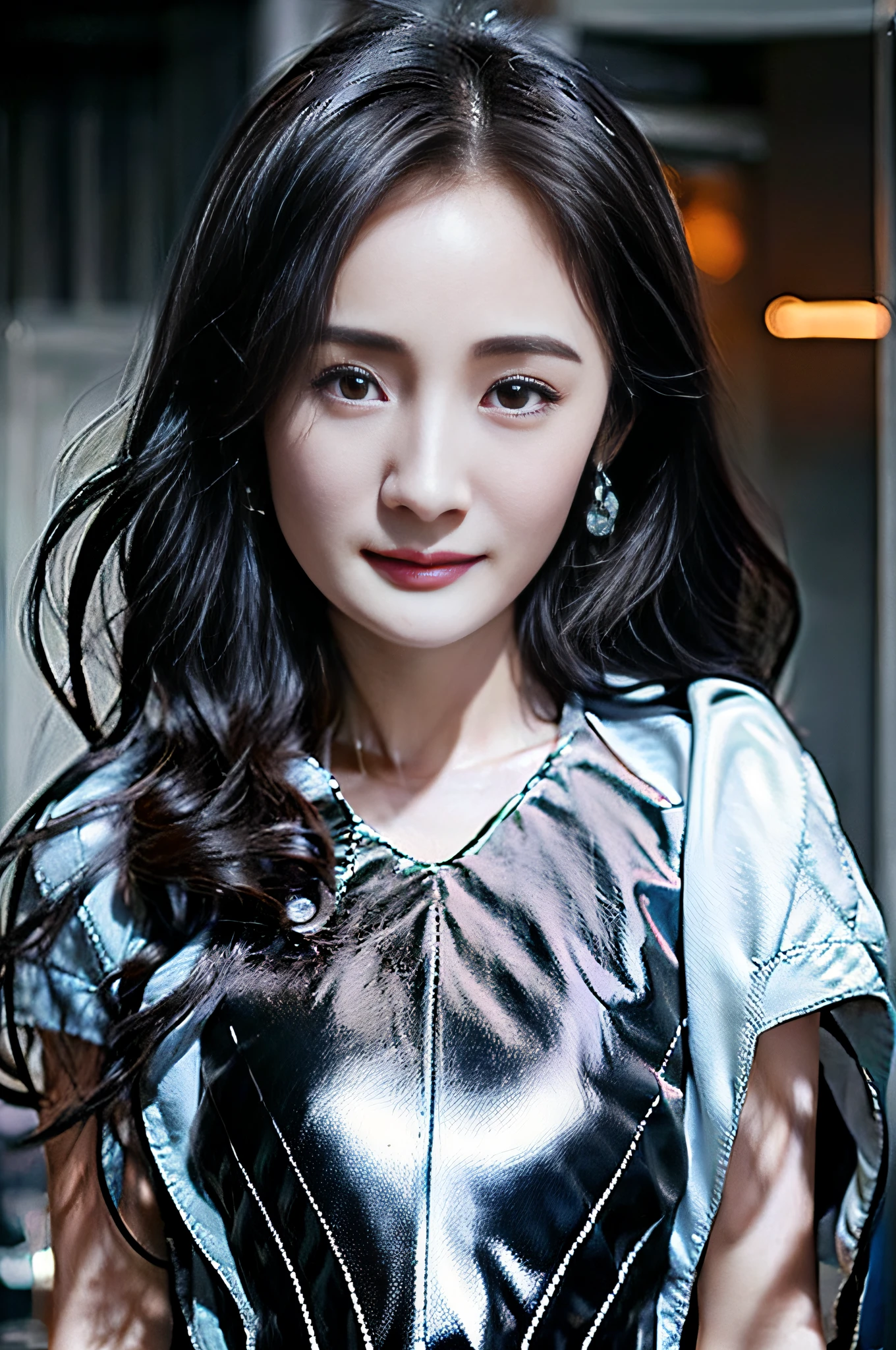 (yangmi), 1 chica, De pie en la calle por la noche, ojos y rostro extremadamente detallados, hermosos ojos detallados, Parte superior del cuerpo, (ojos pequeños:1.5),