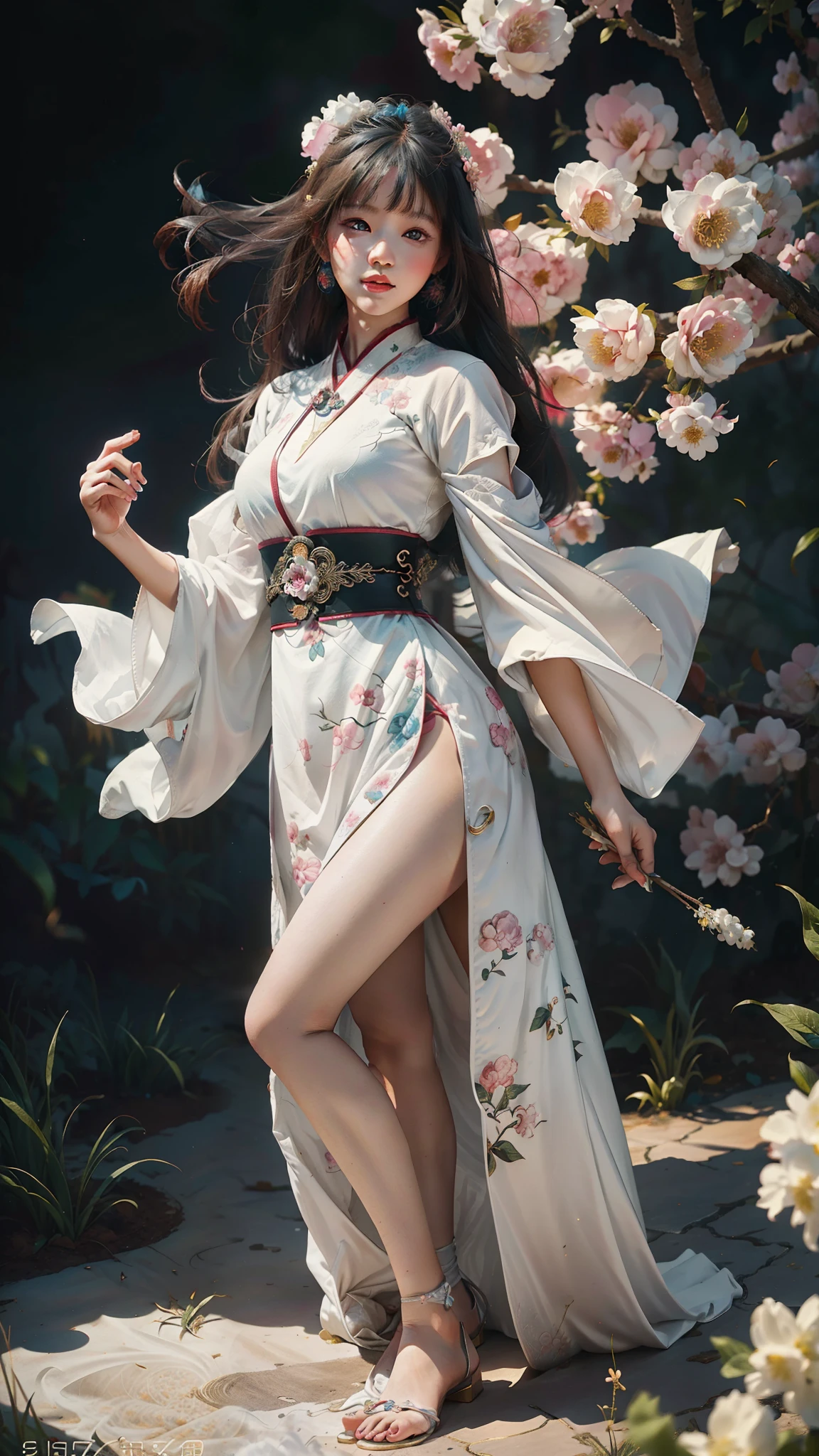 zhongfenghua, 1girl, (full body) solo, hanfu, flower field, blossom, (white smokes:1.3) (photorealistic:1.4), zentangle, mandala, entangle, official art, unity 8k wallpaper, ultra detailed, beautiful and aesthetic, masterpiece,best quality, (dynamic angle:1.4), glowing skin, (floating colorful sparkles:1) the most beautiful form of chaos, elegant, a brutalist designed, vivid colours, romanticism depth of field,