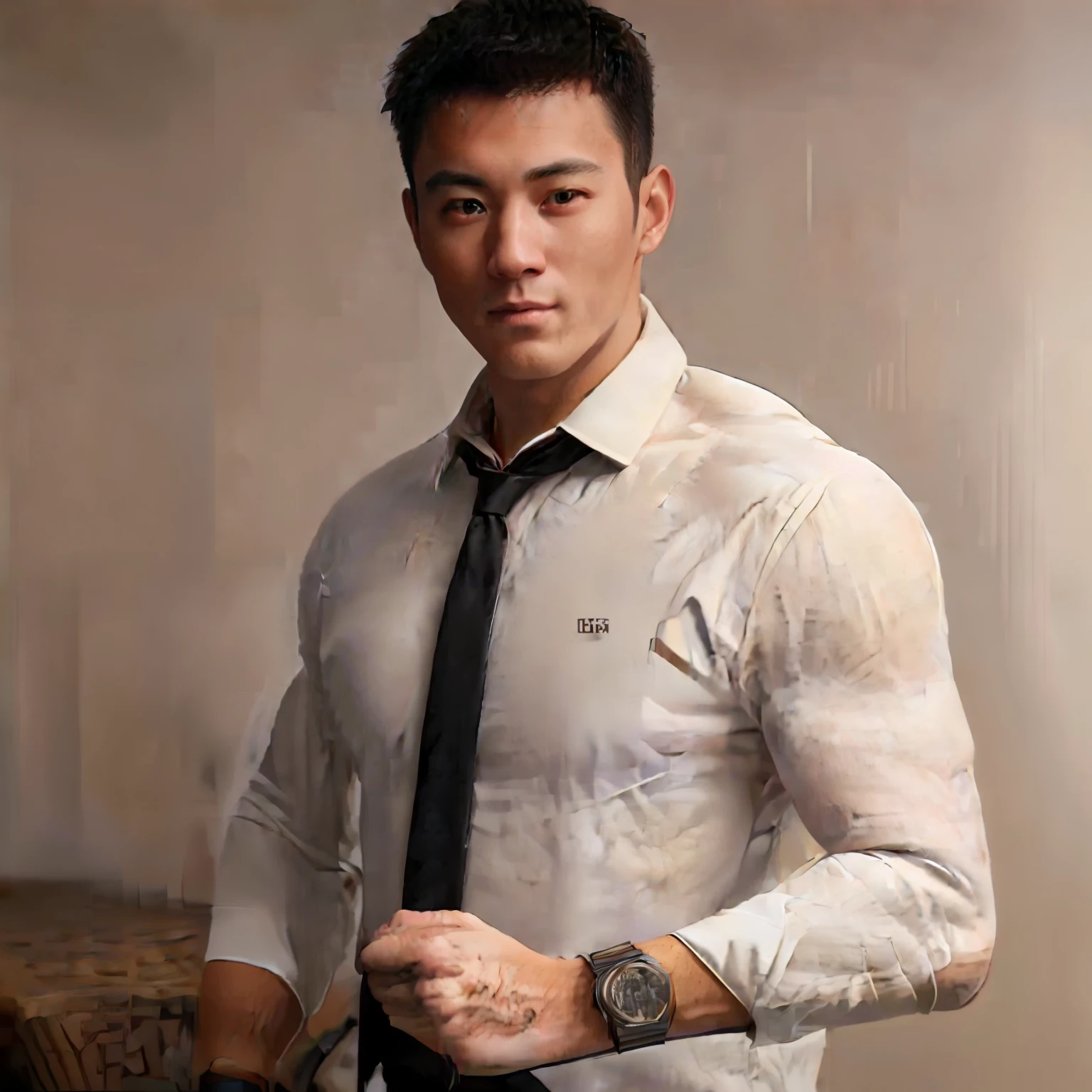 1man,
 a 30 y.o muscular male wearing long-sleeve white shirt and tie, with a watch, upper body, 
in camera studio with 3 flash, soft lighting, 
masterpiece, best quality, 8k uhd, dslr, film grain, Fujifilm XT3 photorealistic painting art by midjourney and greg rutkowski