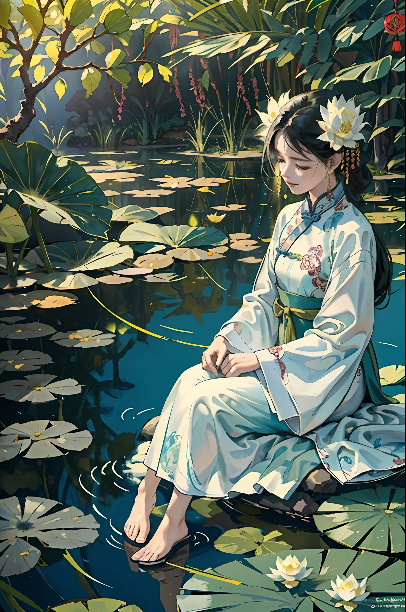 An ancient Chinese beauty sitting on a stone, wearing ancient Chinese clothing, flowing tulle, light silk, lazy posture, large lotus leaf, lotus, ink painting style, clean color, decisive cutting, blank, freehand, masterpiece, super detailed, epic composition, high quality, the highest quality, 4k --v 6