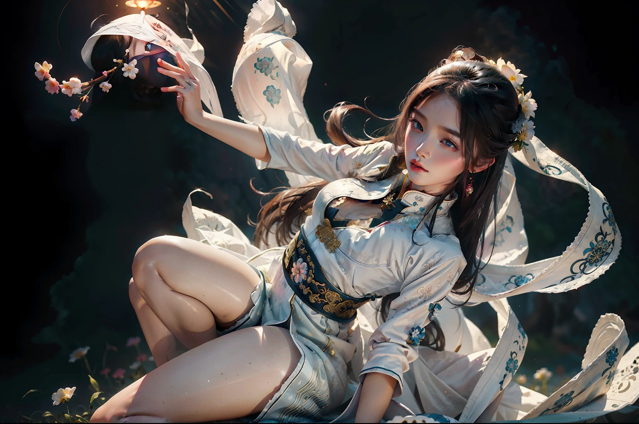 zhongfenghua, 1girl, (full body) solo, hanfu, flower field, blossom, (white smokes:1.3) (photorealistic:1.4), zentangle, mandala, entangle, official art, unity 8k wallpaper, ultra detailed, beautiful and aesthetic, masterpiece,best quality, (dynamic angle:1.4), glowing skin, (floating colorful sparkles:1) the most beautiful form of chaos, elegant, a brutalist designed, vivid colours, romanticism depth of field,