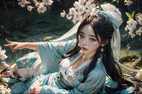 zhongfenghua, 1girl, (full body) solo, hanfu, flower field, blossom, (white smokes:1.3) (photorealistic:1.4), zentangle, mandala...