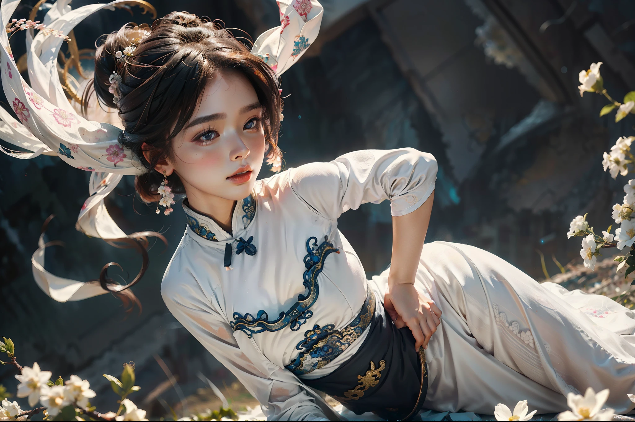 zhongfenghua, 1girl, (full body) solo, hanfu, flower field, blossom, (white smokes:1.3) (photorealistic:1.4), zentangle, mandala, entangle, official art, unity 8k wallpaper, ultra detailed, beautiful and aesthetic, masterpiece,best quality, (dynamic angle:1.4), glowing skin, (floating colorful sparkles:1) the most beautiful form of chaos, elegant, a brutalist designed, vivid colours, romanticism depth of field,