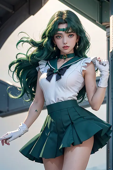 close-up, 1girl, sailor neptune, aqua eyes, dark green hair, medium hair, (sailor senshi uniform:1.1), plead skirt, bow, dynamic...