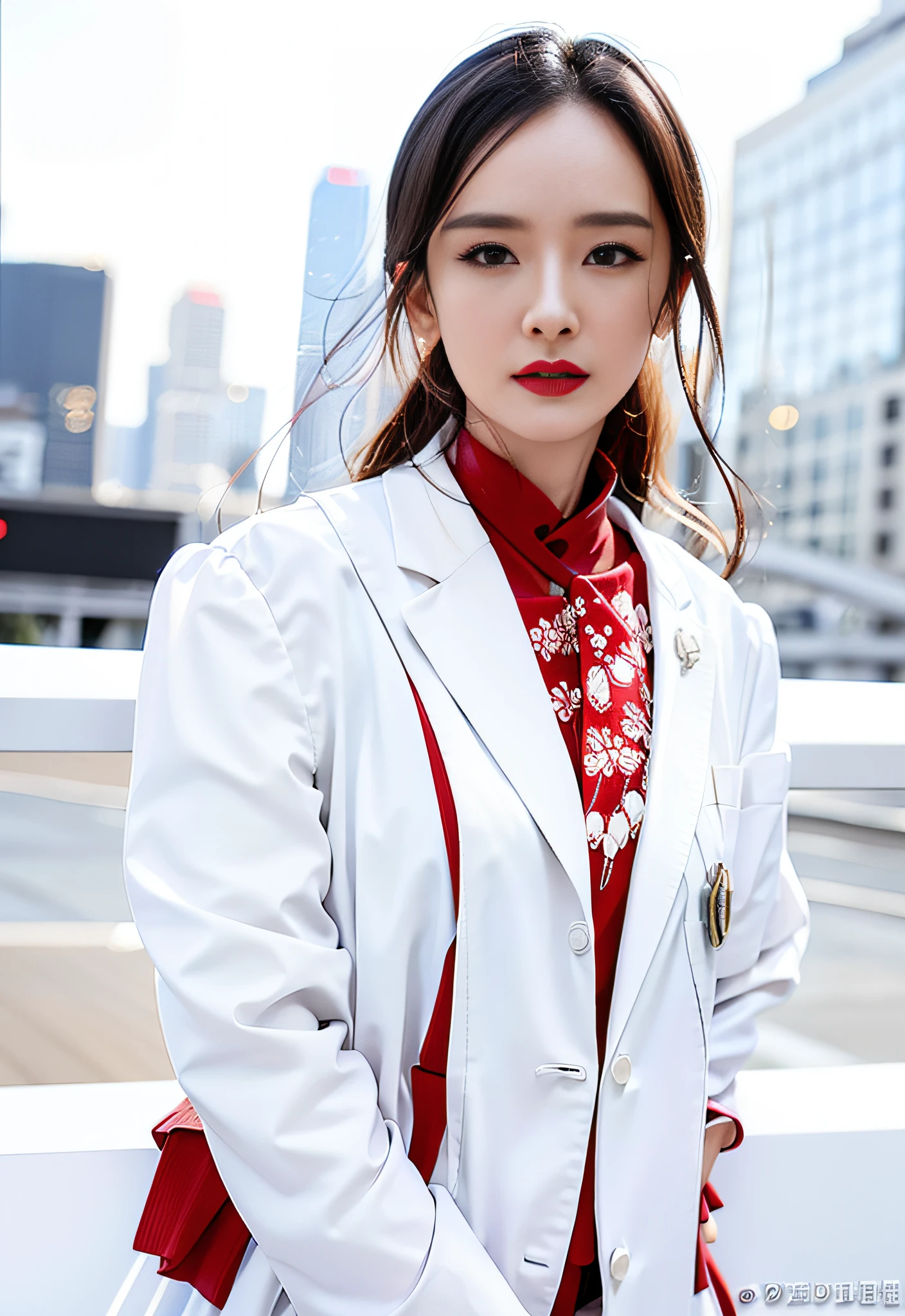 mimi，杨幂，solo, (office lady,white coat,), 半身照,牛仔照, city_lights, (looking viewer:1.3),  red_lips, 有光泽的皮肤, skindentation, best quality, ultra high res, (photorealistic:1.4 ),