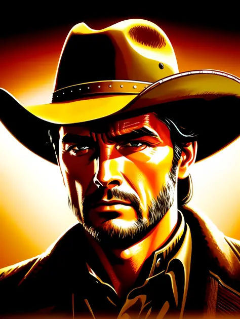 Ultra Extreme close-up to a face of a cowboy dramatic style of Frank McCarthy, iconic Western movie poster, cinematic lighting