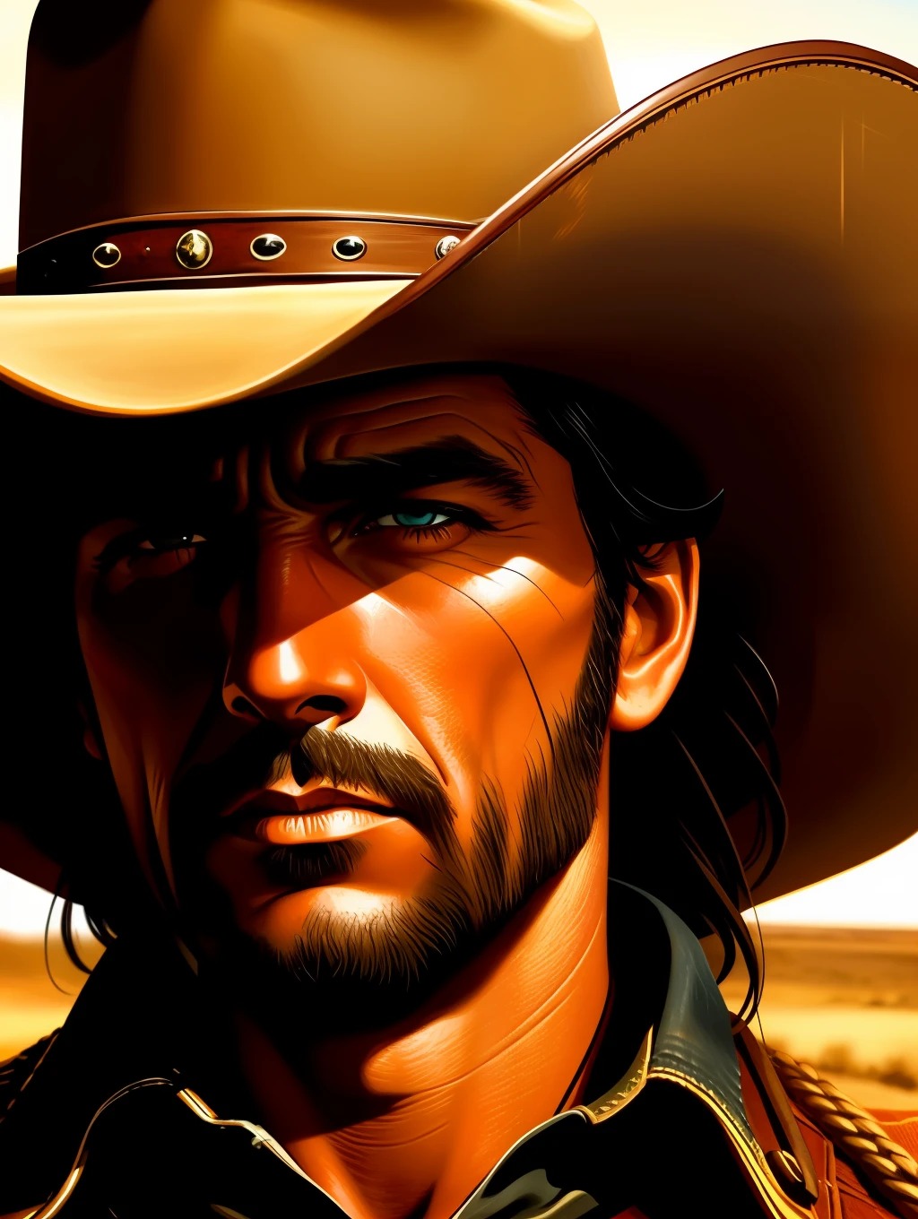 Ultra Extreme close-up to a face of a cowboy dramatic style of Frank McCarthy, iconic Western movie poster, cinematic lighting