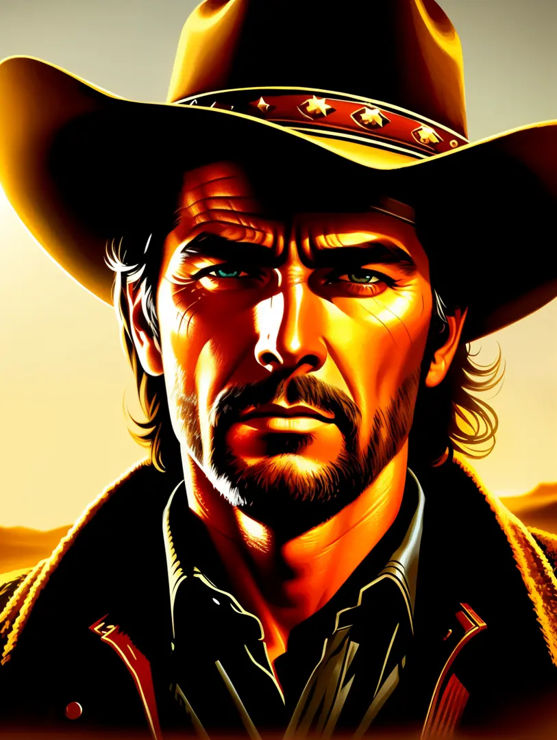 Ultra Extreme close-up to a face of a cowboy dramatic style of Frank McCarthy, iconic Western movie poster, cinematic lighting