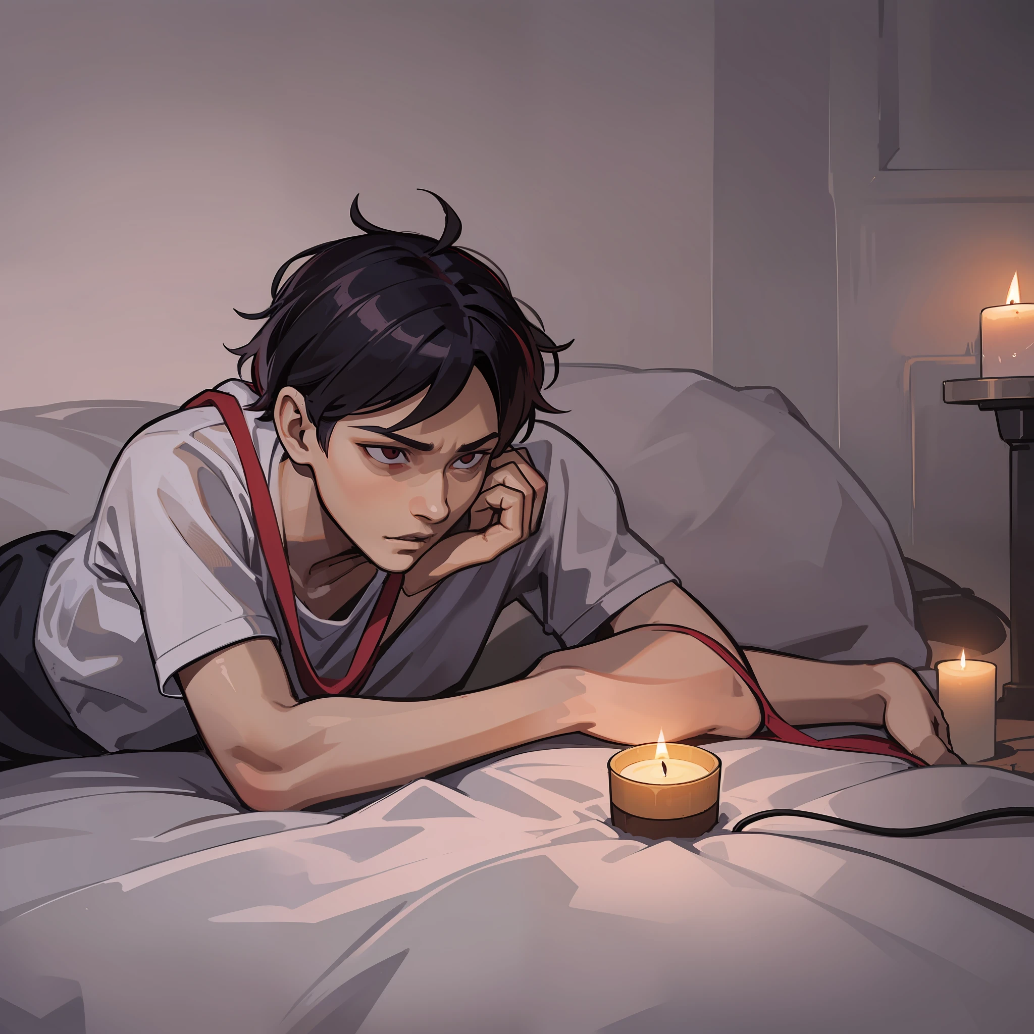 Boy, red rope around his neck, lying on bed, wearing white short sleeves, room, candle light, evening, horror atmosphere, shady, desolation, doomsday atmosphere, cool tones, dim light, 2d