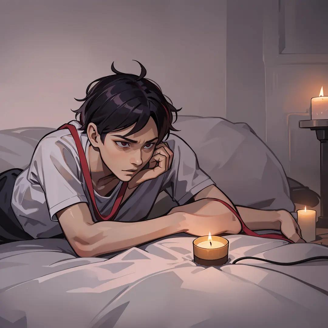 boy, red rope around his neck, lying on bed, wearing white short sleeves, room, candle light, evening, horror atmosphere, shady,...