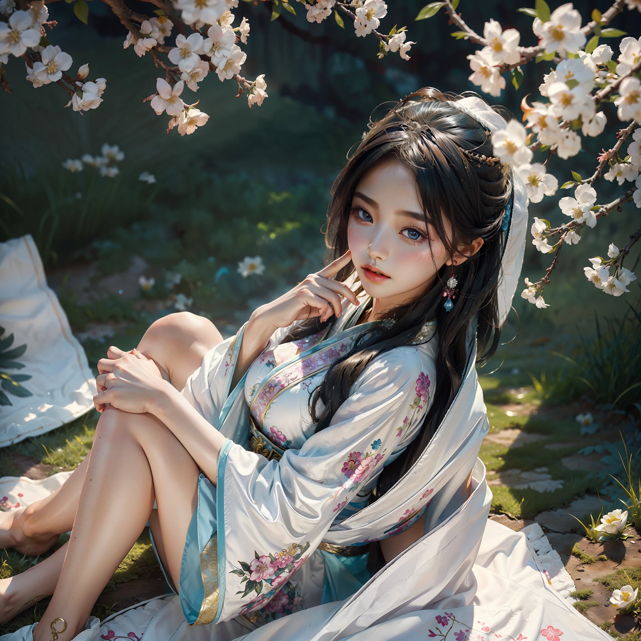 zhongfenghua, 1girl, (full body) solo, hanfu, flower field, blossom, (white smokes:1.3) (photorealistic:1.4), zentangle, mandala, entangle, official art, unity 8k wallpaper, ultra detailed, beautiful and aesthetic, masterpiece,best quality, (dynamic angle:1.4), glowing skin, (floating colorful sparkles:1) the most beautiful form of chaos, elegant, a brutalist designed, vivid colours, romanticism depth of field,