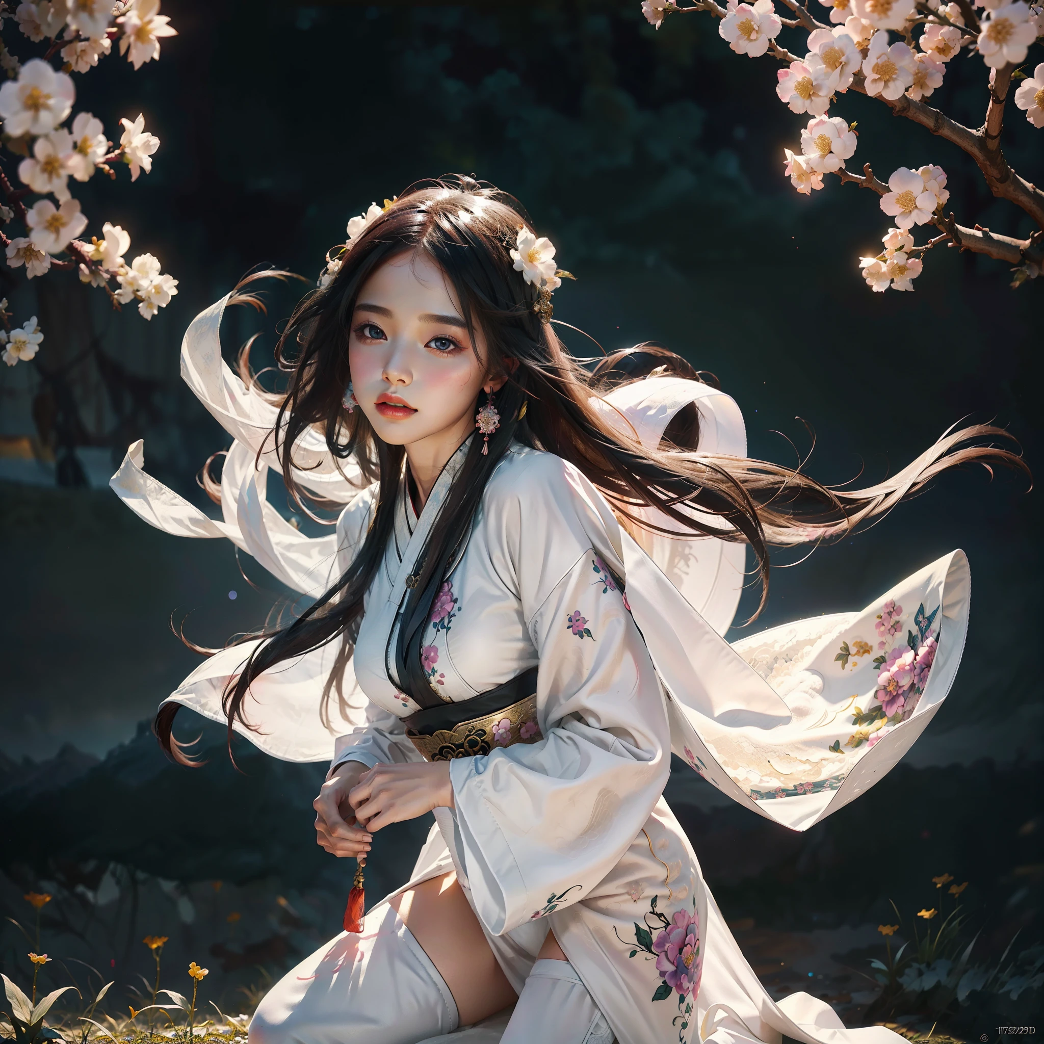 zhongfenghua, 1girl, (full body) solo, hanfu, flower field, blossom, (white smokes:1.3) (photorealistic:1.4), zentangle, mandala, entangle, official art, unity 8k wallpaper, ultra detailed, beautiful and aesthetic, masterpiece,best quality, (dynamic angle:1.4), glowing skin, (floating colorful sparkles:1) the most beautiful form of chaos, elegant, a brutalist designed, vivid colours, romanticism depth of field,