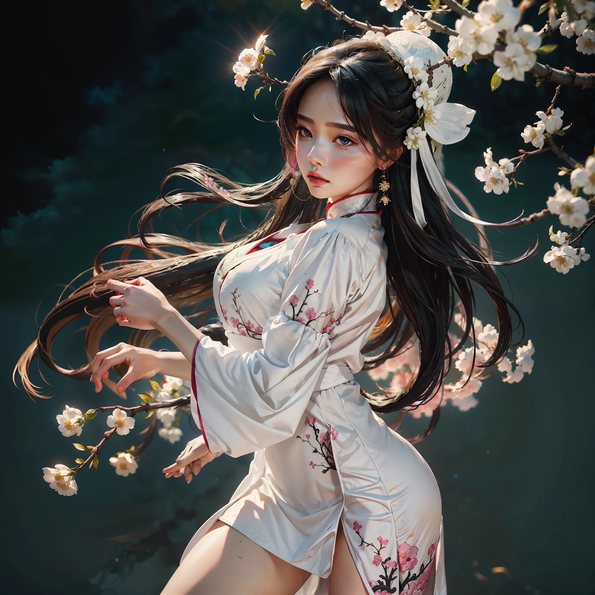 zhongfenghua, 1 chica, (cuerpo completo) solo, hanfu, campo de flores, florecer, (humo blanco:1.3) (Fotorrealista:1.4), zEnredar, mandala, Enredar, arte oficial, fondo de pantalla de unidad 8k, ultra detallado, hermoso y estetico, obra maestra,mejor calidad, (ángulo dinámico:1.4), piel brillante, (destellos de colores flotantes:1) La forma más bella de caos., elegant, un brutalista diseñado, colores vivos, Romanticismo Profundidad de campo,