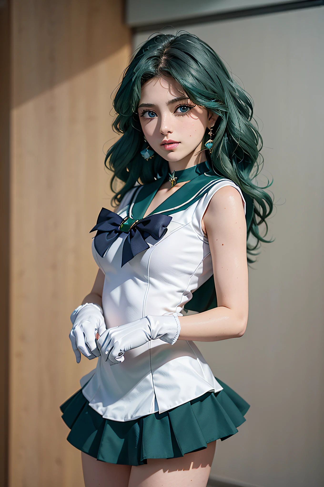 Masterpiece, 4k, super detailed, close-up, 1 girl, sailor Neptune, aqua blue eyes, dark green hair, medium hair, (sailor senshi uniform:1.1), pleading skirt, bow, dynamic pose, best quality, masterpiece, high resolution, intricate detail, (realistic)), photography, earrings, jewelry, white gloves, medium breasts, full body, white gloves, sailor collar