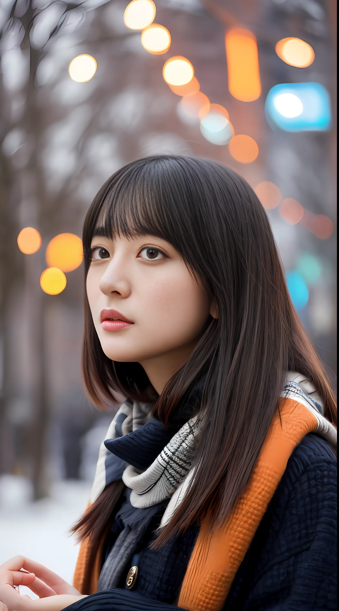 Stunning close-up portrait of a young and beautiful woman with RAW, analog style and impressive features. She should have long, flowing hair, a seductive gaze, and an attractive look. The background is neutral and simple, allowing the woman to be the focal point of the image. Pay attention to details, such as highlights and shadows on her face and hair, to create realistic and realistic images. Experiment with different lighting techniques to enhance the mood and atmosphere of your portrait. The final product should be a masterpiece that captures the essence and beauty of a woman ((very detailed skin, skin details)), Sharp Focus, Volumetric Fog, 8K, UHD, DSLR, High Quality, Film Grain, Fujifilm XT3, Long Sleeve Dress, Wool Dress, Dark Blue Floret Dress, Wearing a Woolen Coat, Short-Cut Hair, Tousled Hair, wind, antique street corner, north wind, dead leaves, fallen leaves, fallen leaves fluttering in the wind, cold, cold, street corner crowded with Christmas decorations, girl looking lonely alone, lights, orange city lights, warm lights, Christmas lights, blurred lights, sad expression, tears in the eyes, a ray of tears, snow scattering, Tokyo Tower