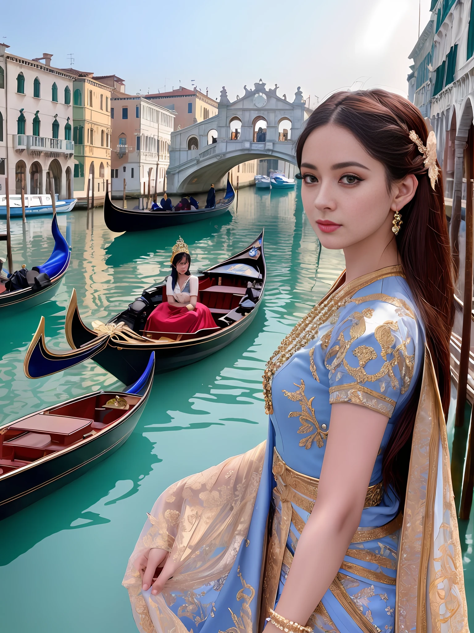 modelshoot style, (extremely detailed CG unity 8k wallpaper), full shot body photo of the most beautiful artwork in the world, stunningly beautiful photo realistic cute women, a hyper realistic ultra detailed photograph of a beautiful girl as a female 2020s dancer on the boat of 2020s Venice,(Bridge Of Sighs background),(princess eyes,shiny pupils), detailed symmetric beautiful hazel eyes, detailed gorgeous face,highly detailed, vibrant,professional majestic oil painting by Ed Blinkey, Atey Ghailan, Studio Ghibli, by Jeremy Mann, Greg Manchess, Antonio Moro, trending on ArtStation, trending on CGSociety, Intricate, High Detail, Sharp focus, dramatic, photorealistic painting art by midjourney and greg rutkowski