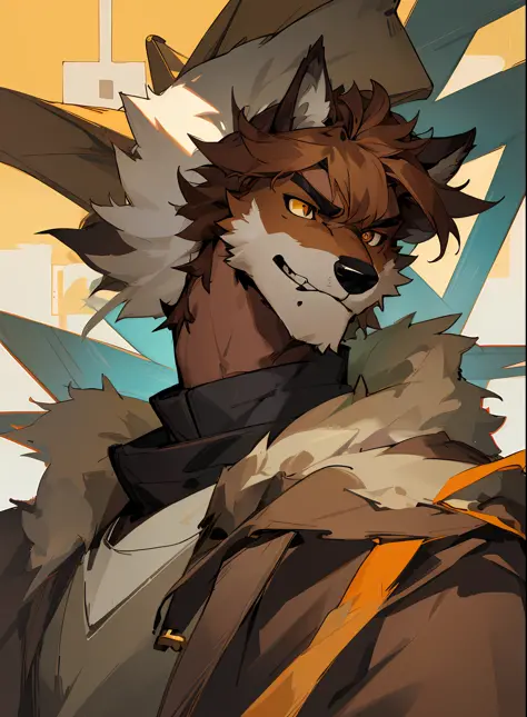 man with a dog mask on his head, brown fur, caramel, drooping ears, closed expression, a character portrait inspired by Caspar Wolf, trend in deviantart, furry art, furry chest, furry fursona, furry character, furry body, furry neck a