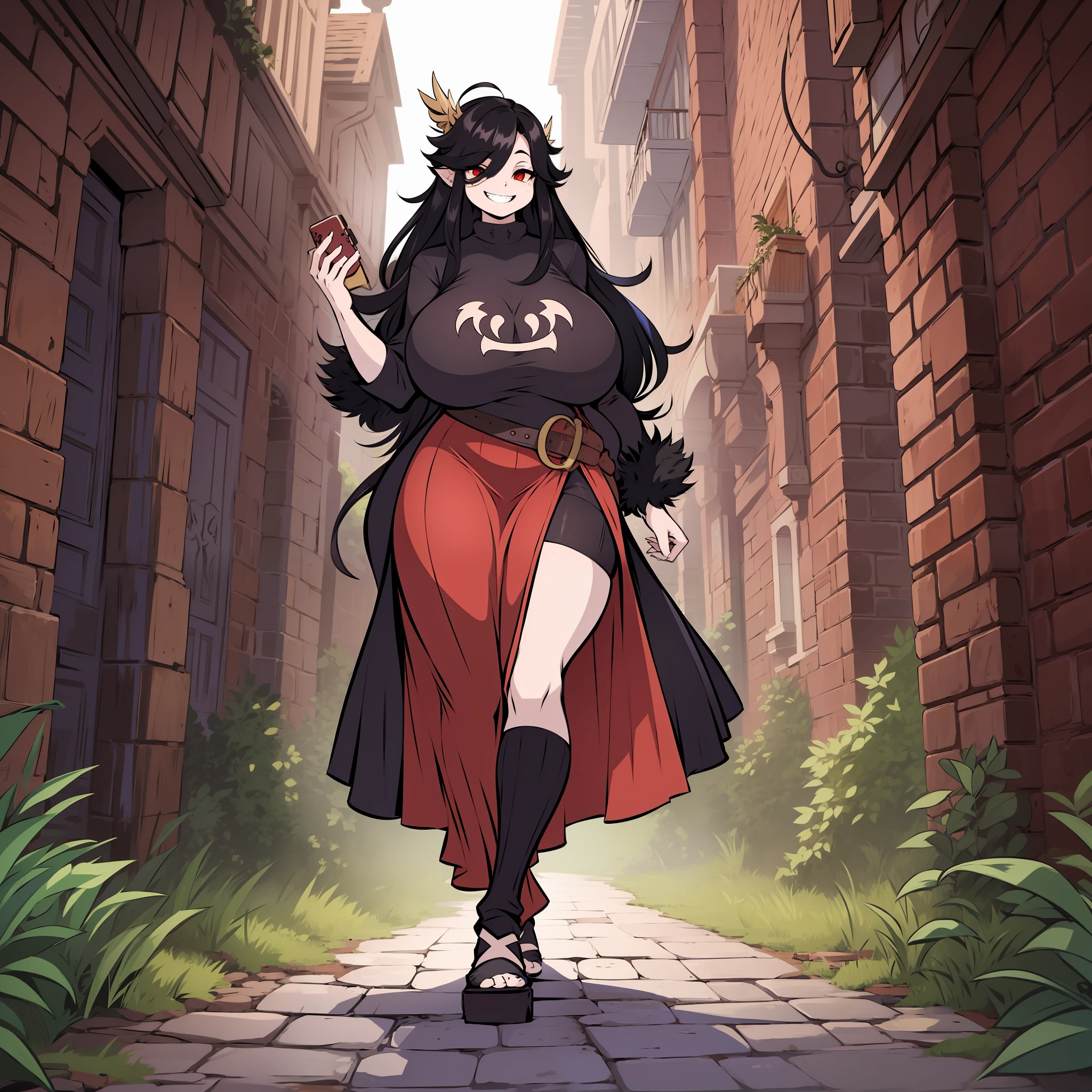 Gothic, huge chest, tall woman, curved, f, long hair, christian, alone, catholic, latin cross,, forest city, plants, walking, smile, smile, ,fur clothes, wizard, medieval, village,tights, portrait, long skirt, long dress, flip-flops, , huge breast, , , 1gir,1character, walking,long skirt, red eyes, walking,