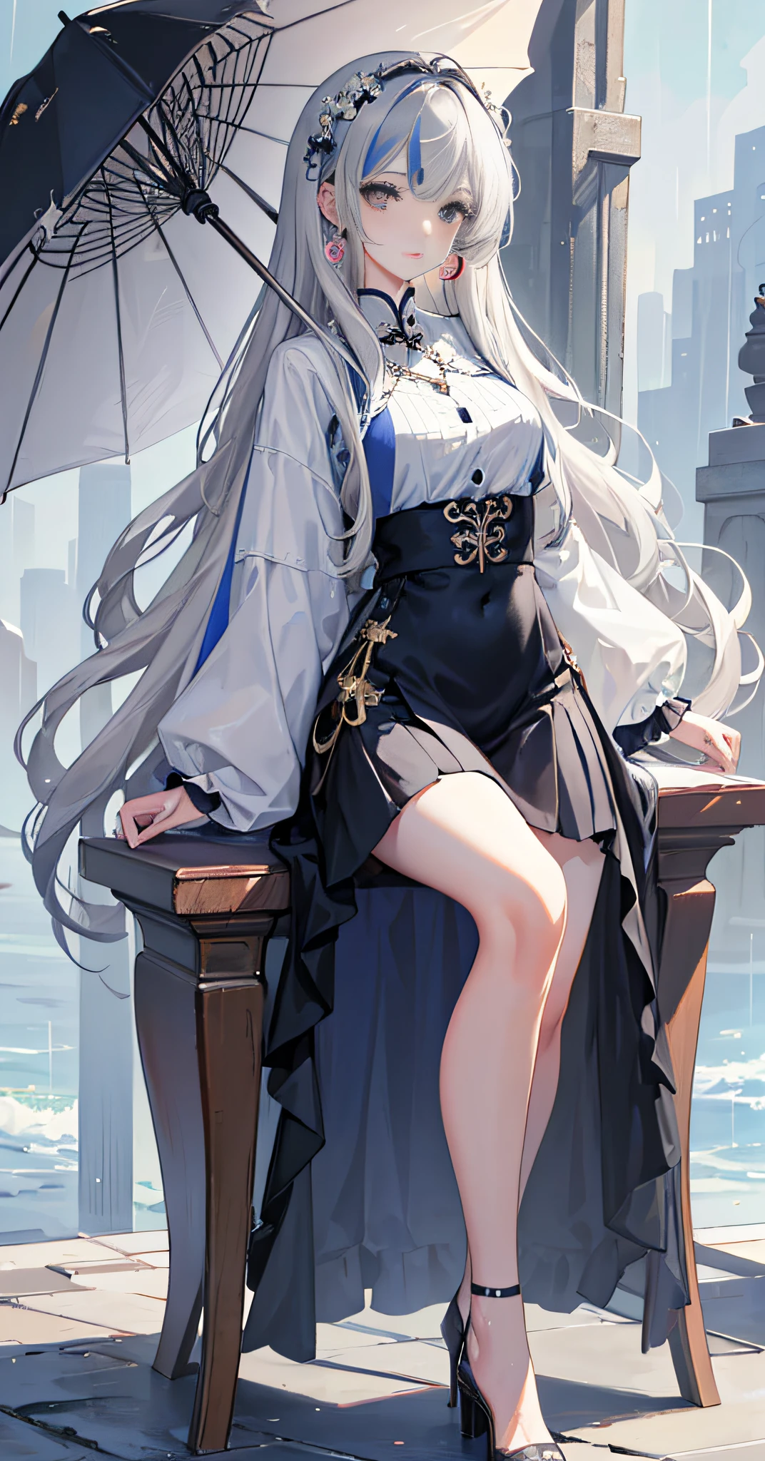 (Best Quality), ((Masterpiece)), (High Resolution), Original, (Very Detailed 8K Wallpaper), Overexposed, 1girl, (Medium Tits), (Extremely Delicate and Beautiful), (Beautiful and Detailed Eye Description), (Beautiful and Detailed Facial Depiction), (Solo), (Slender Legs, High Heels), Behind Arms, Rain Skirt, Hair Accessories, Necklace, Blue Pleated Skirt, Jewelry, Earrings, Chinese Style Architecture, Wavy Hair, Messy Hair, Long Gray Hair, , Masterpiece, Best Quality, Transparent silk cost, kawaii face, anime, transparent multicolored clothes, (ulzzang-6500:1.2)