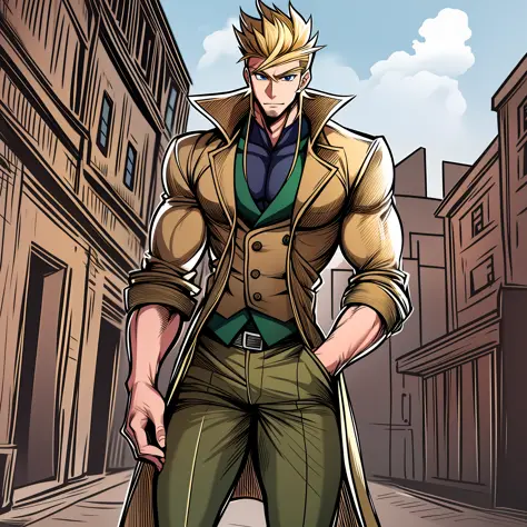 young man, muscular male, tall male, bishi, pants ,coat,vest, blond hair