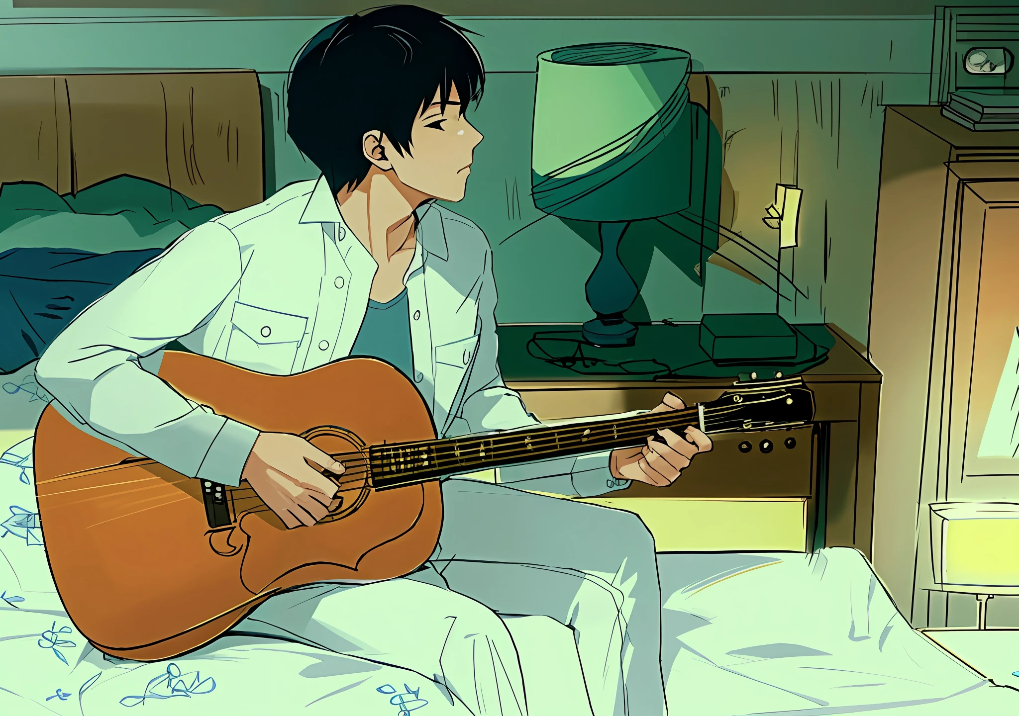 Anime man playing guitar in bed, lamp and dresser in background, Conrad Rosette and Makoto Shinkai, Makoto Shinkai Art Style, Makoto Shinkai!, Makoto Shinkai style, Makoto Shinkai style, Makoto Shinkai style, ((Tatsuro Yamashita)), playing guitar HD illustration