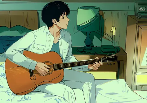 anime man playing guitar in bed, lamp and dresser in background, conrad rosette and makoto shinkai, makoto shinkai art style, ma...