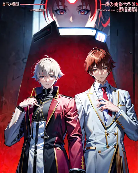 anime character in white coat and red tie standing in front of a circuit board, digital cyberpunk anime!!, symmetry!! portrait o...