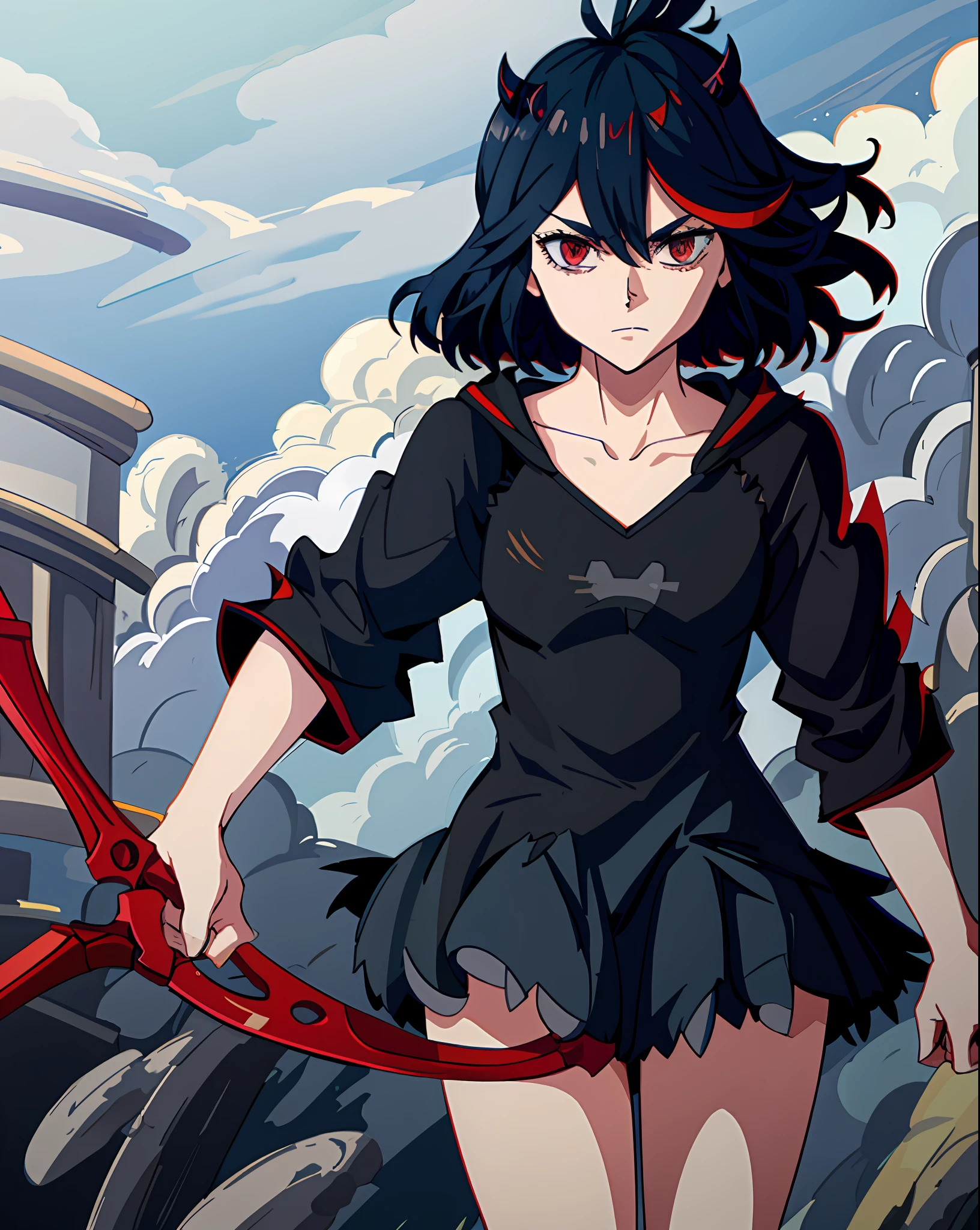 1بنت, نيرو بلاك كلوفر, Mفيoi Ryuuko, يبحث_في_مشاهد, وجه محايد, إضاءة الاستوديو, يسلط الضوء, عيون مفصلة, بنت, عيون حمراء, قرون شيطان سوداء صغيرة, نمط البرسيم الأسود, تحفة, شفرة مقص, شعر أبيض, شعر احمر, شعر أسود, multicoloشعر احمر