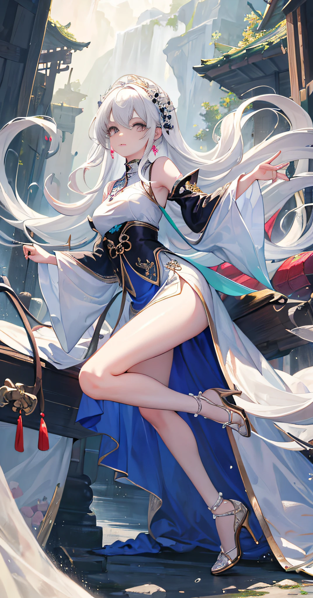 (Best Quality), ((Masterpiece)), (High Resolution), Original, (Very Detailed 8K Wallpaper), Overexposed, 1girl, (Medium Tits), (Extremely Delicate and Beautiful), (Beautiful and Detailed Eye Description), (Beautiful and Detailed Facial Depiction), (Solo), (Slender Legs, High Heels), Behind the Arm, Rain Skirt, Hair Accessories, Necklaces, Jewelry, Earrings, Chinese Style Architecture, Wavy Hair, Messy Hair, Long White Hair, , Masterpiece, Best Quality, Transparent Silk Cost, Kawaii's face, anime, transparent multicolored clothes, (ulzzang-6500:1.2)