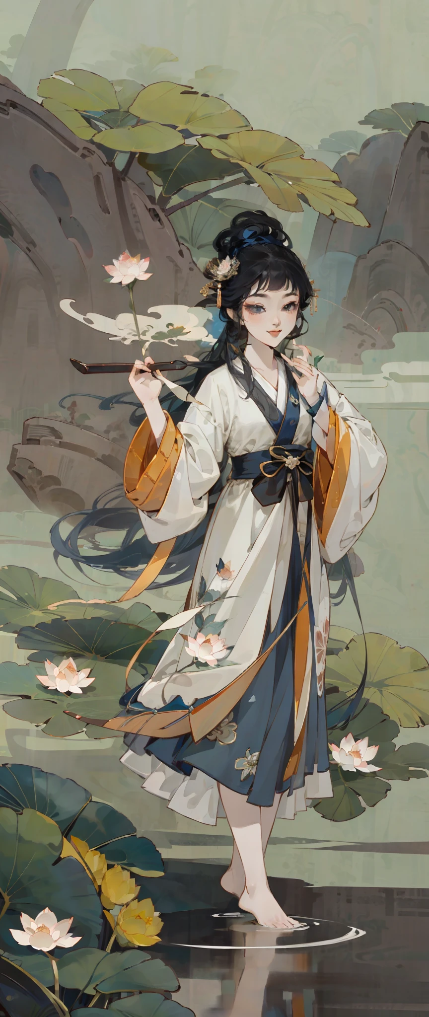 ((4k,masterpiece,best quality)), shuimobysim, traditional chinese ink painting, lotus, hanfu, maxiskit, dress conservatively 1girl, solo, long blue hair, smile, standing, feet in the water, barefoot, --auto --s2