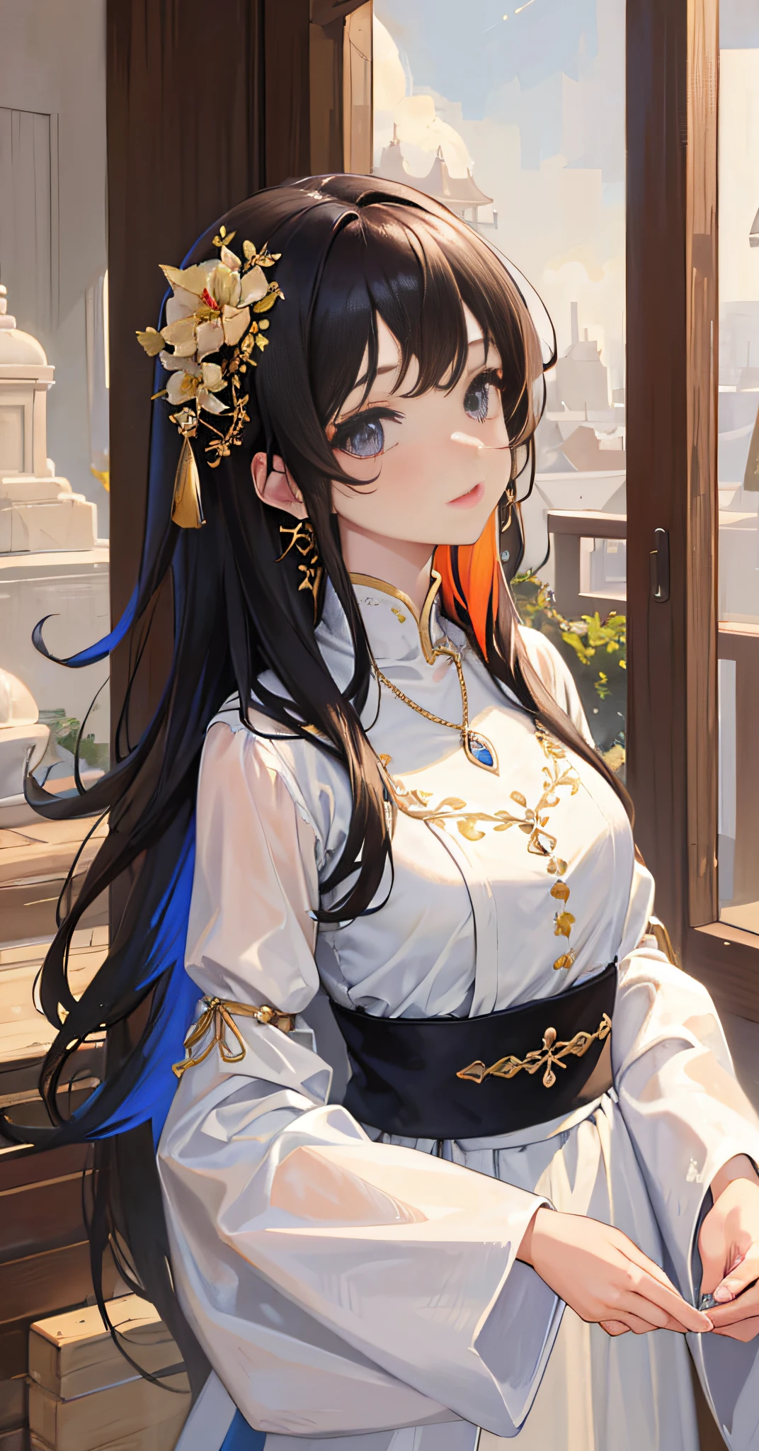 (best quality),((masterpiece)),(highres), original, (extremely detailed 8K wallpaper), overexposure,1girl,(medium breasts),(an extremely delicate and beautiful),(Beautiful and detailed eye description)，(Beautiful and detailed facial depiction),(solo),(upper body),arms behind back,Rainskirt,hair ornament, necklace, jewelry,earrings,chinese style architecture,wavy hair,messy hair,swept bangs,, masterpiece, best quality,transparent silk cost,kawaii's face,anime,transparent multicolored clothing，（ulzzang-6500：1.2）