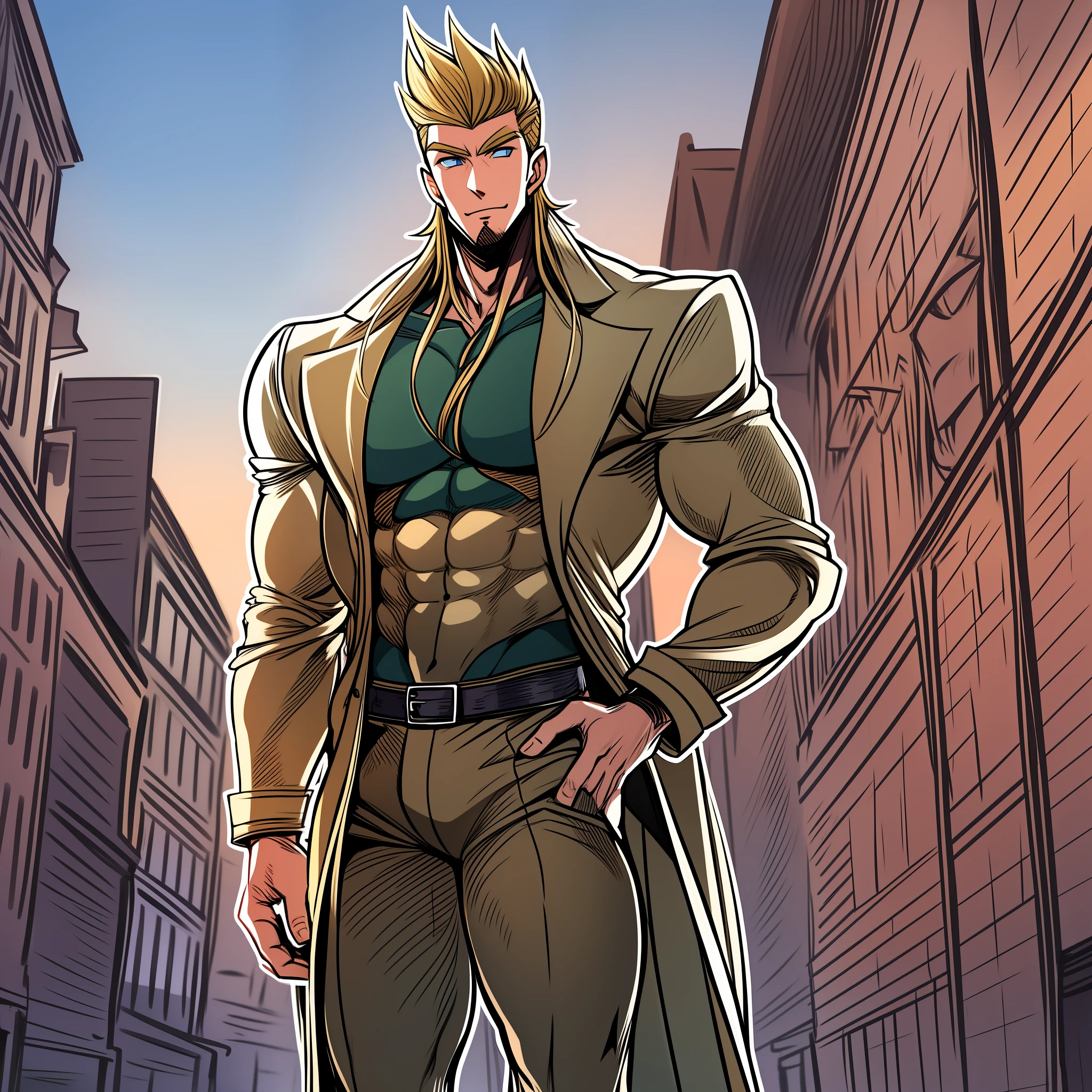 young man, muscular male, tall male, bishi, pants ,coat,vest, blond hair