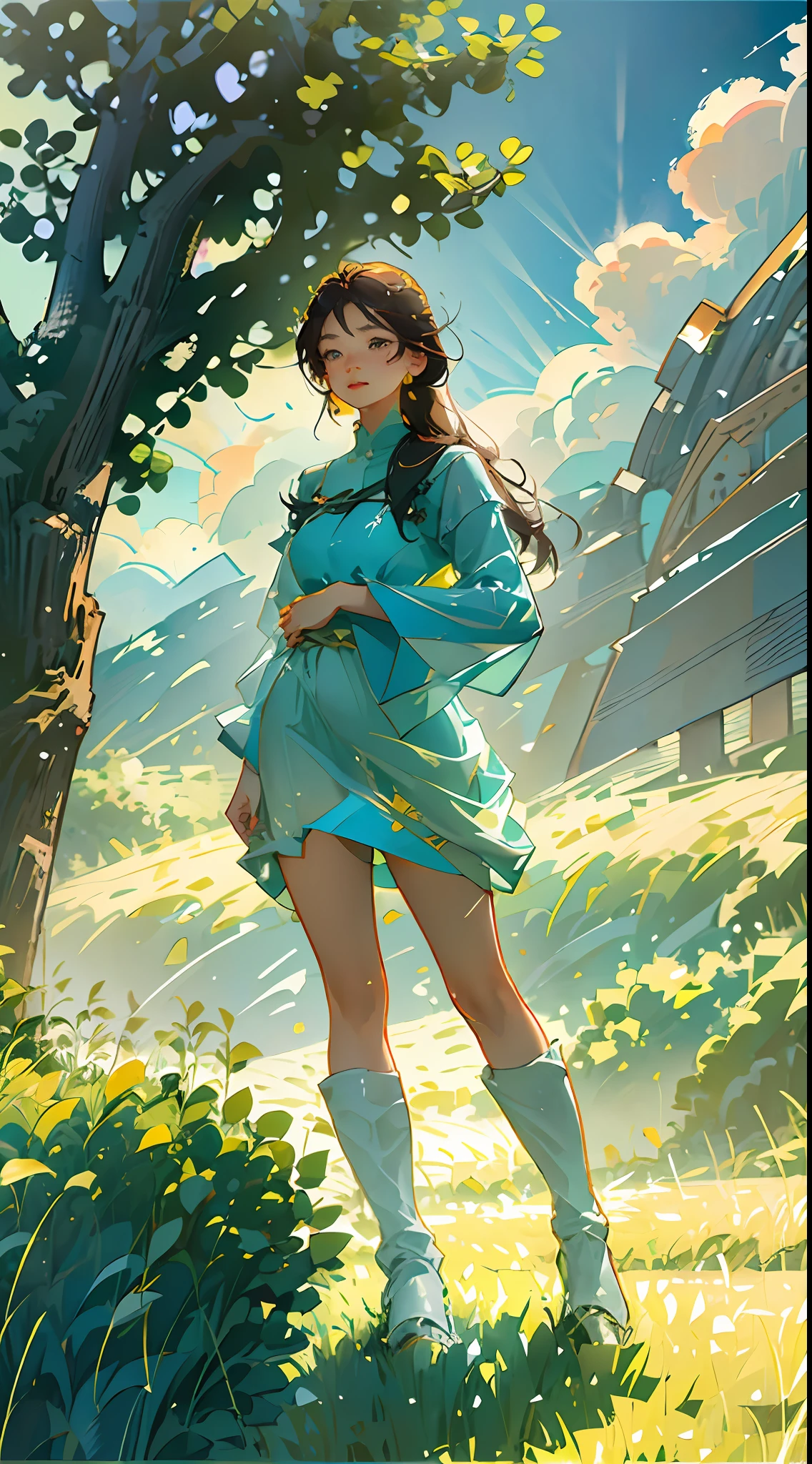 Weizenfeld, ein schönes Mädchen steht in einem Weizenfeld, große Wolken, blauer Himmel, Reisfeld, ordentliche Reissetzlinge auf dem Feld, Wald, Hang, abgelegen, Landschaft, HD-Details, Hyperdetailliert, filmisch, Surrealismus, Sanftes Licht, tiefes Feld Fokus Bokeh, ray tracing and Surrealismus. --v6