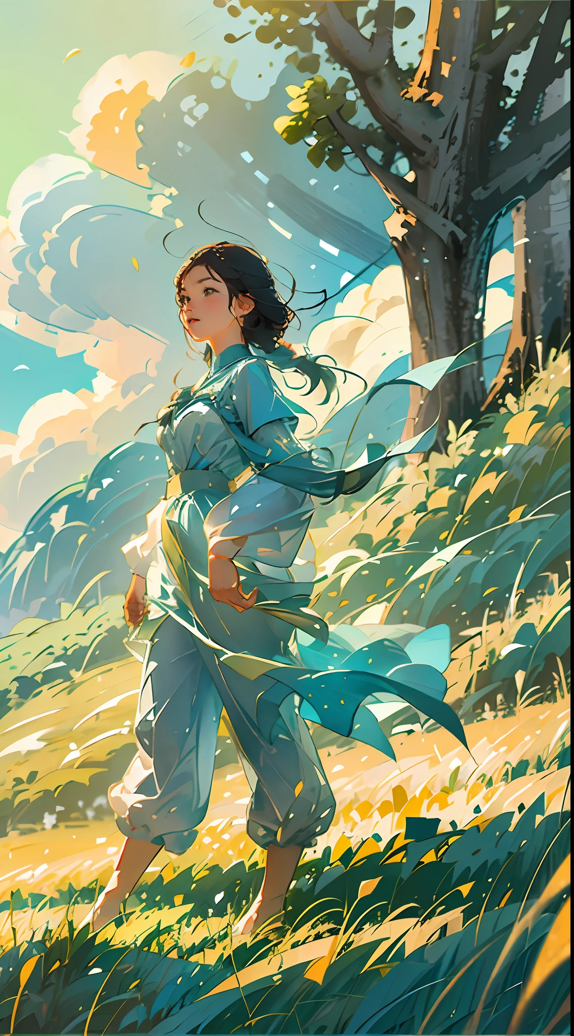 campo de trigo, uma linda garota parada em um campo de trigo, grandes nuvens, céu azul, Arrozal, mudas de arroz puro no campo, floresta, encosta, isolado, interior, Detalhe HD, hiper-detalhe, cinematic, surrealismo, Luz suave, bokeh de foco de campo profundo, ray tracing e surrealismoo. --v6