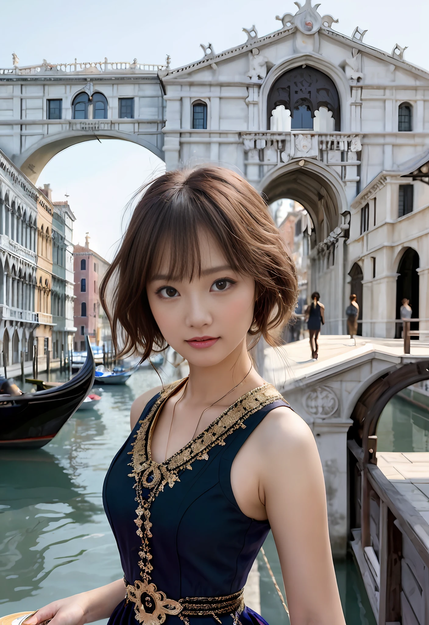 modelshoot style, (extremely detailed CG unity 8k wallpaper), full shot body photo of the most beautiful artwork in the world, stunningly beautiful photo realistic cute women, a hyper realistic ultra detailed photograph of a beautiful girl as a female 2020s dancer on the boat of 2020s Venice,(Bridge Of Sighs background),(princess eyes,shiny pupils), detailed symmetric beautiful hazel eyes, detailed gorgeous face,highly detailed, vibrant,professional majestic oil painting by Ed Blinkey, Atey Ghailan, Studio Ghibli, by Jeremy Mann, Greg Manchess, Antonio Moro, trending on ArtStation, trending on CGSociety, Intricate, High Detail, Sharp focus, dramatic, photorealistic painting art by midjourney and greg rutkowski