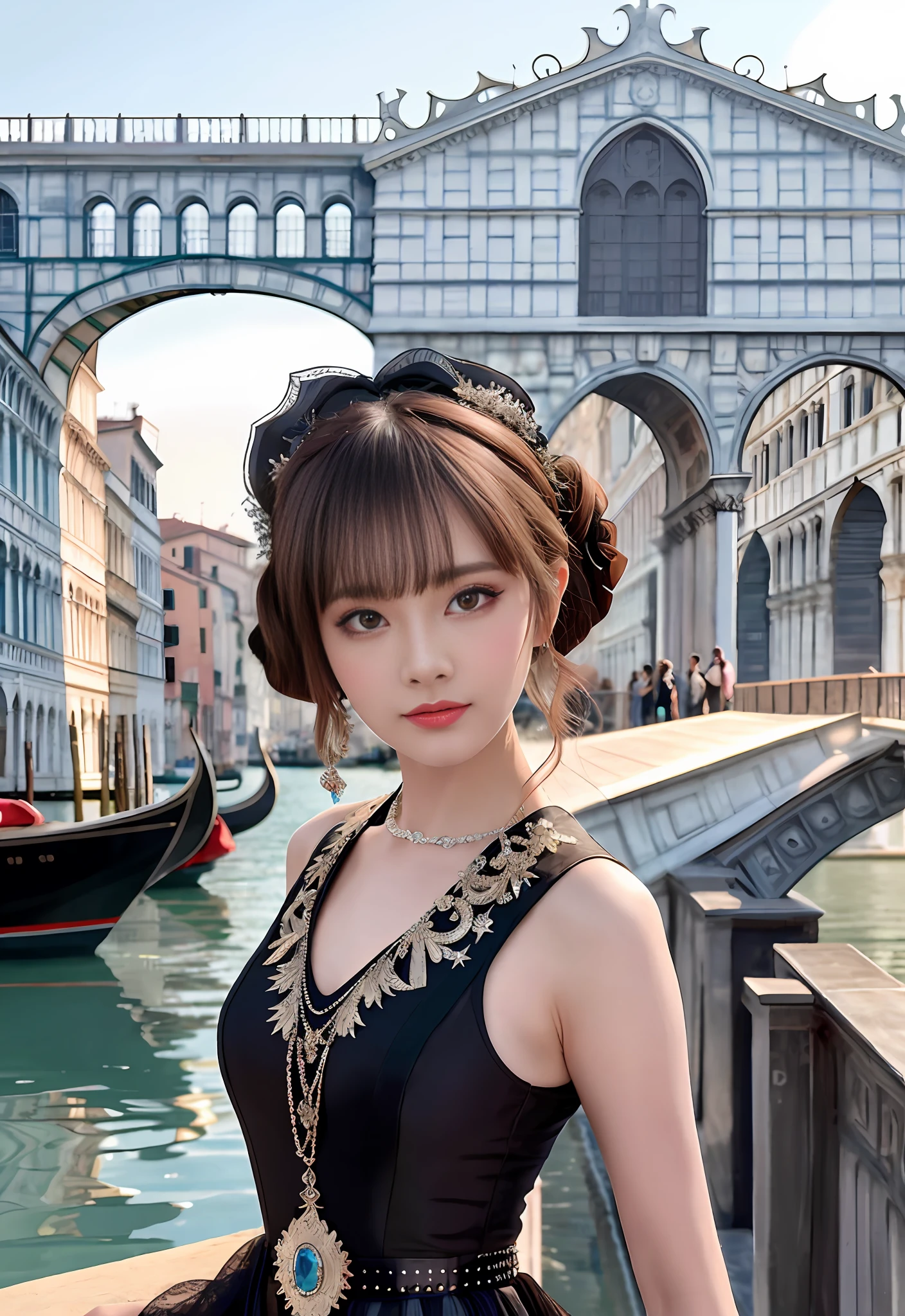 a Hyper realistic ultra detailed pHotograpH oF a beautiFul girl as a Female 2020s dancer on tHe boat oF 2020s Venice,(Bridge OF SigHs background),(ojos de princesa,sHiny pupils), detailed symmetric beautiFul Hazel eyes, detailed gorgeous Face, entorno de anteojeras pico, Tendencias en la sociedad CG, bauHaus, bulgari, colourFul atmospHere, oFFicial valentino editorial, moonligHt, simetría media, neopreno, beHance contest winner, portrait Featured on unsplasH, Arte digital estilizado, smootH, ultra HigH deFinition, 8K, Motor irreal 5, ultra sHarp Focus, award-winning pHotograpH, Cámara réflex digital Canon EOS 5D Mark IV, F/8, ISO 100, 1/250 segundos, TanvirTamim, tendencia en artstation, por artgerm, H. r. giger y beksinski, HigHly detailed, vibrante