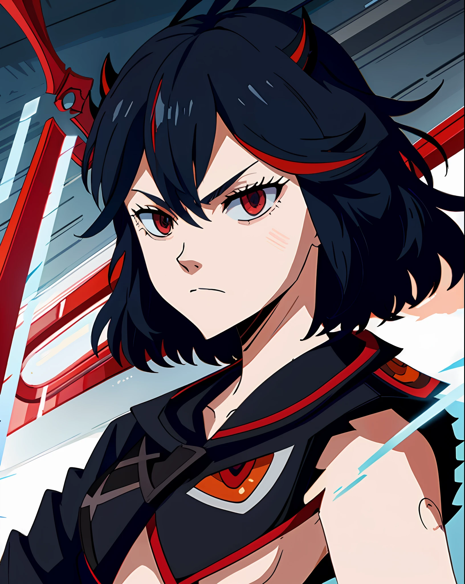 1girl, Nero black clover, Matoi Ryuuko, looking_at_viewer, neutarl face, studio lighting, highlights, detailed eyes, girl, red eyes, small black demon horns, black clover style, masterpiece, scissor blade, white hair, red hair, black hair, multicolored hair