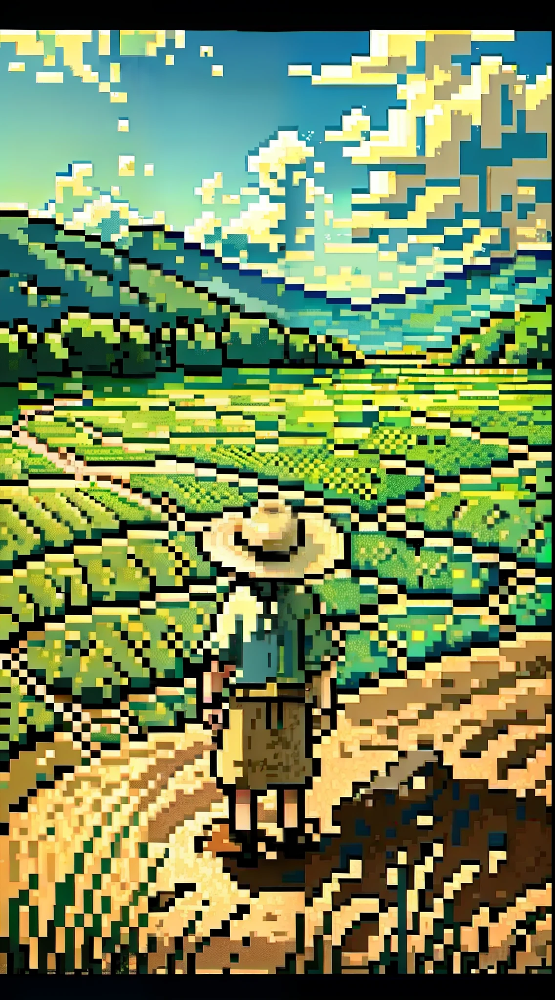 A peasant uncle with a straw hat stands in a wheat field, big clouds, blue sky, rice field, neat rice seedlings in the field, forest, hillside, secluded, countryside, HD detail, hyperdetail, cinematic, surrealism, soft light, deep field focus bokeh, ray tracing and surrealism. --v6